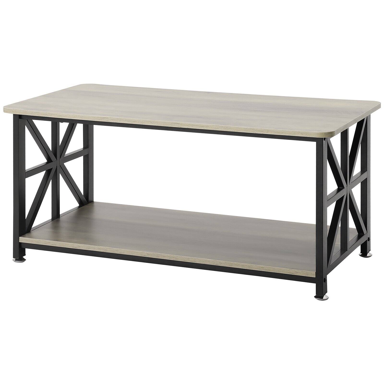 Alt View 10. Glintex - 40 in Farmhouse Coffee Table, Rectangle Wooden Center Table with Open Storage Shelf for Living Room - Brown + Black.