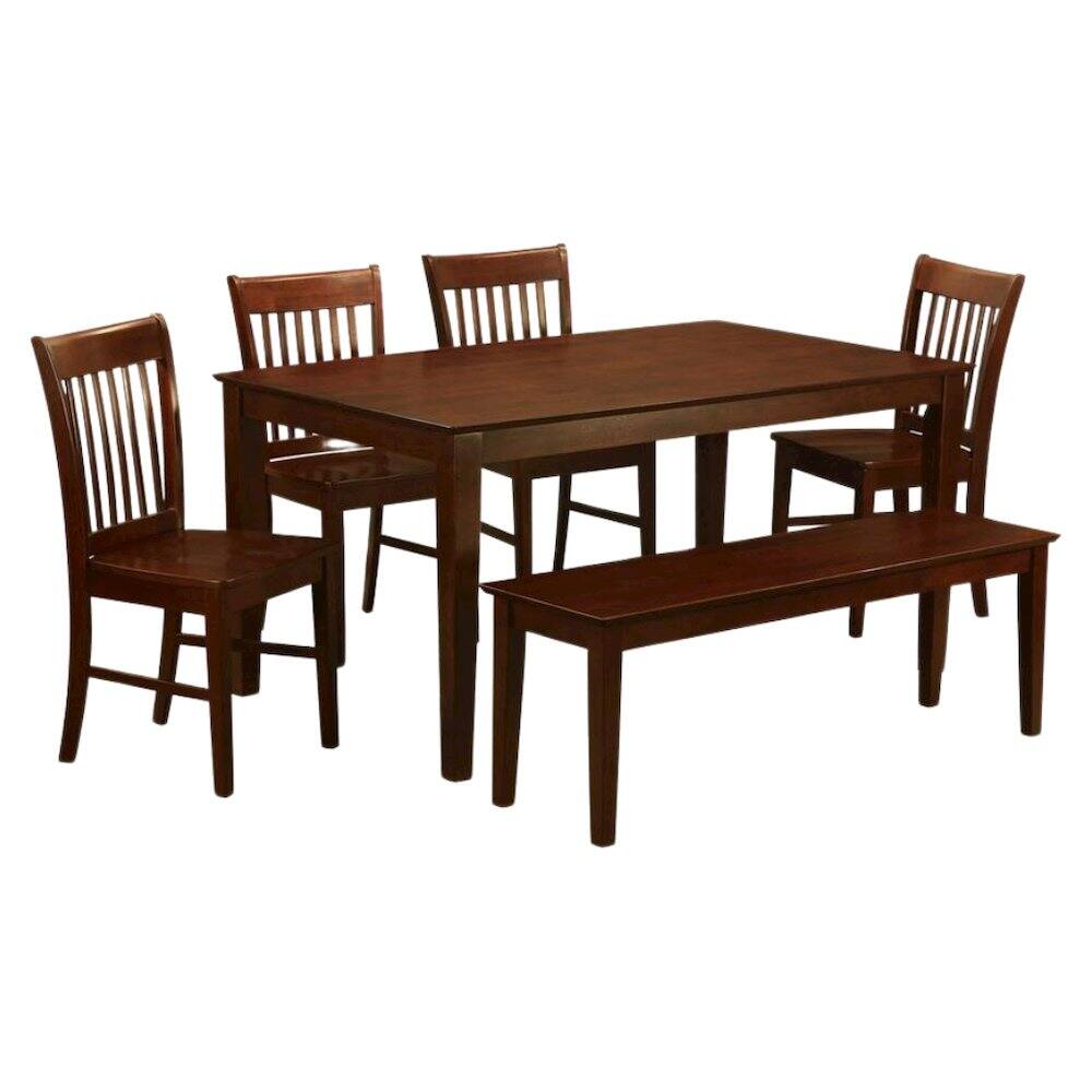 Alt View 3. FurniFact - Solid Wood Dining Table with Chairs and Bench, Kitchen Set for 6 People - Mahogany.