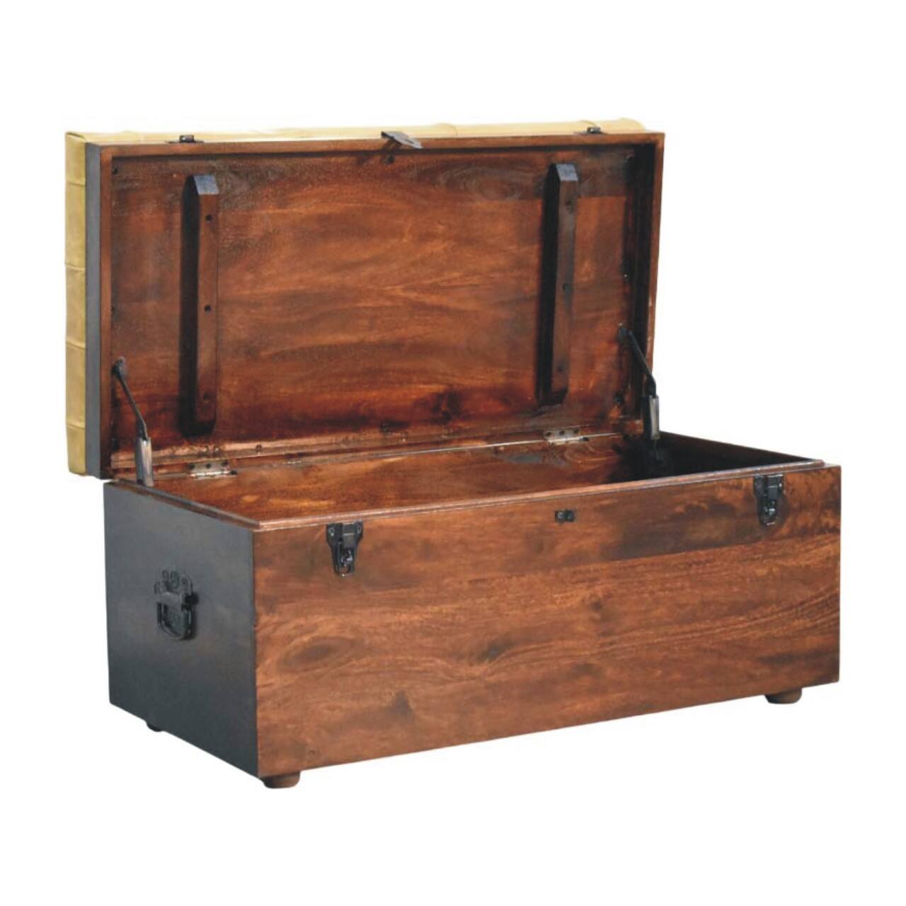 Alt View 2. Artisan Furniture - Artisan Furniture Solid Wood Walnut Storage Trunk Bench with Tan Leather, Orange and Dark Brown - Orange And Brown.