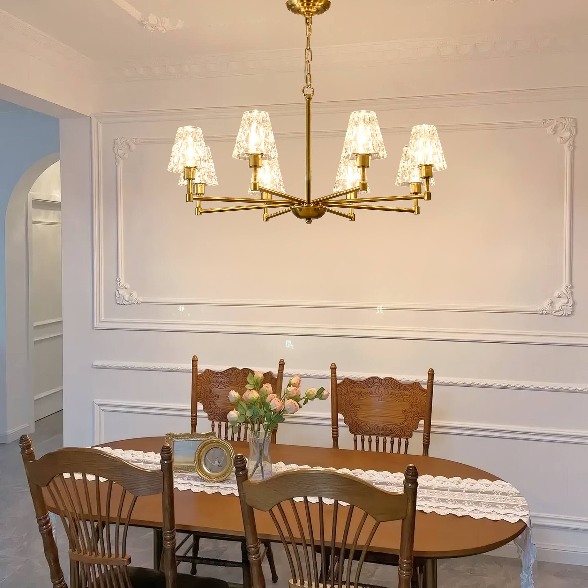 Alt View 1. RYHNUYNE - Mid-Century 8-Light Chandelier,Brushed Gold Pendant Chandelier,Modern Farmhouse Chandeliers for Dining Room Kitchen - Gold.