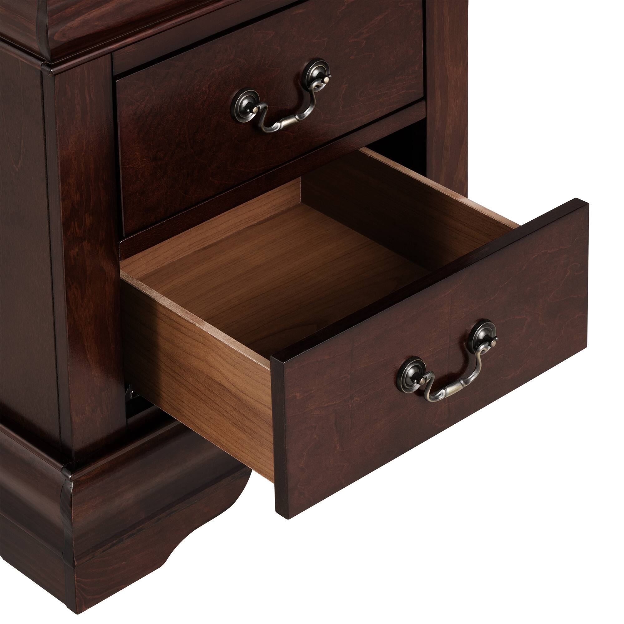 Angle. Vaczon - 21.5" Solid Wood Nightstand with Drawer, Wood Veneer Bedside Table with Nickel Bail Pulls - Dark Cherry.