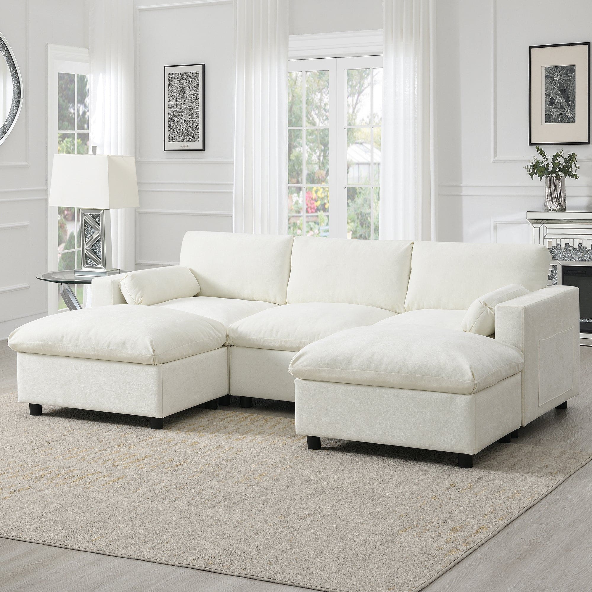 Boyel Living - Cloud Sofa U-Shaped Sectional Sofa Armrest Pillows White Chenille - White