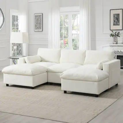Front. Boyel Living - Cloud Sofa U-Shaped Sectional Sofa Armrest Pillows White Chenille - White.