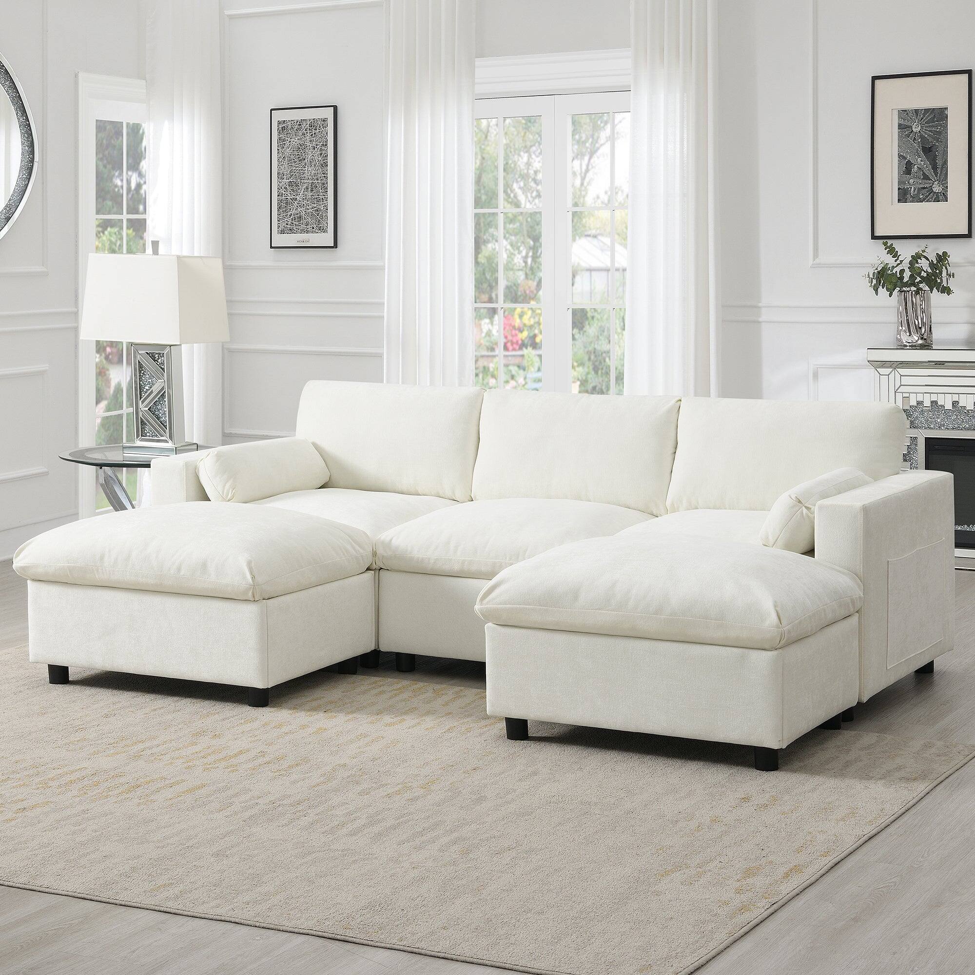 Front. Boyel Living - Cloud Sofa U-Shaped Sectional Sofa Armrest Pillows White Chenille - White.