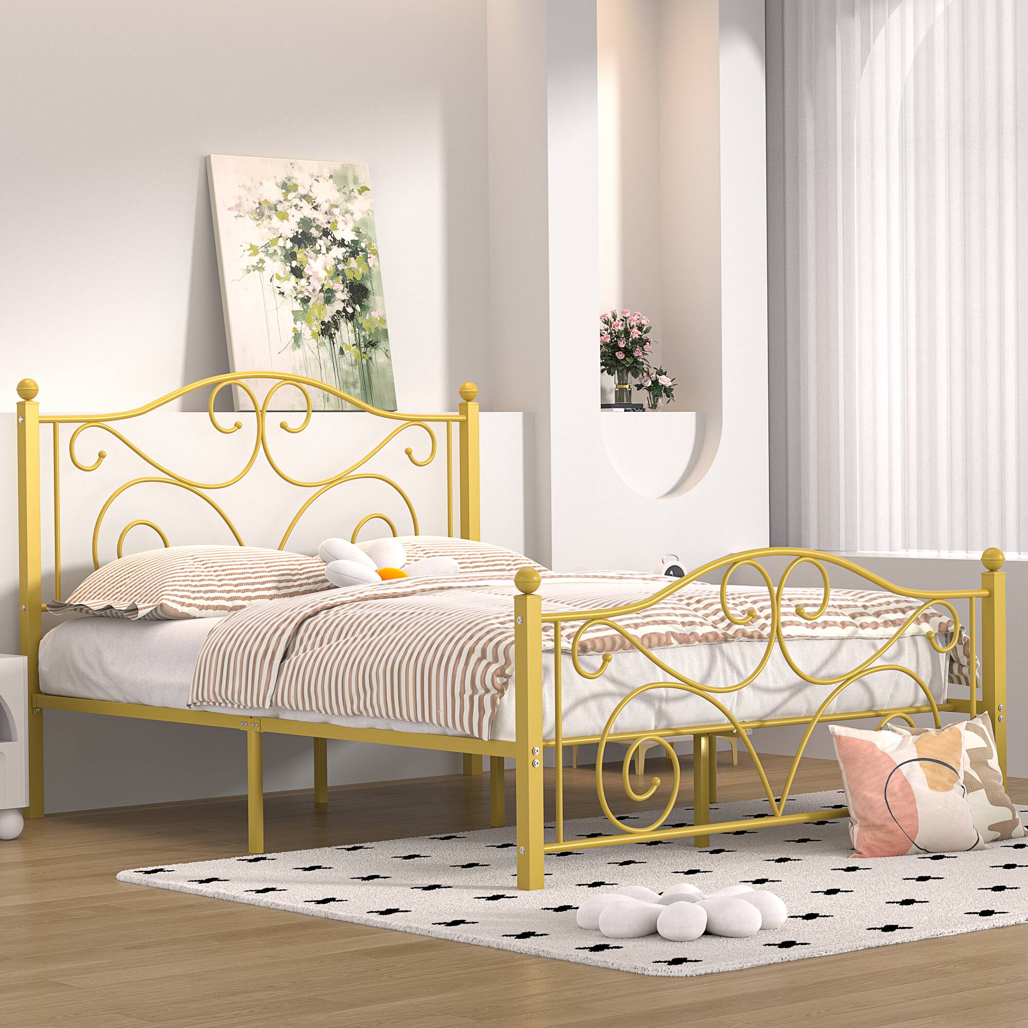 Alt View 2. Vecelo - Queen Bed Frame with Headboard & Footboard, Heavy Duty Steel Slats - No Box Spring, Easy Assembly, Gold - Gold.