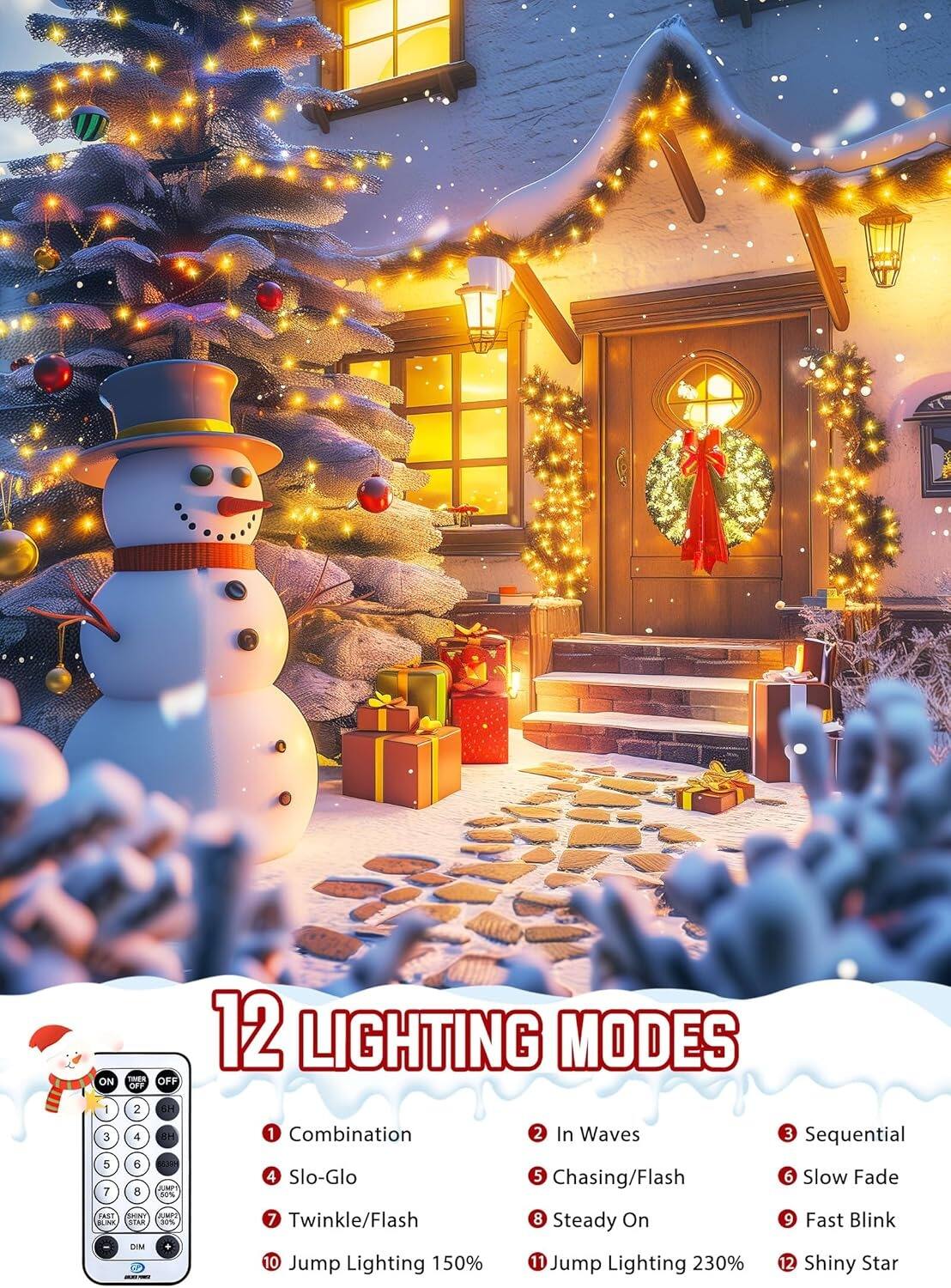 Sure, here is the corrected and grouped text:

---

**12 LIGHTING MODES**

1. Combination
2. In Waves
3. Sequential
4. Slo-Glo
5. Chasing/Flash
6. Slow Fade
7. Twinkle/Flash
8. Steady On
9. Fast Blink
10. Jump Lighting 150%
11. Jump Lighting 230%
12. Shiny Star

---

**ON**  
1 2 3 4 5 6  
7 8 E% FAST  
MOaH  
AM STAR 2% DM  
LIGHTING MODES  
1 Combination  
2 In Waves  
3 Sequential  
4 Slo-Glo  
5 Chasing/Flash  
6 Slow Fade  
7 Twinkle/Flash  
8 Steady On  
9 Fast Blink  
10 Jump Lighting 150%  
11 Jump Lighting 230%  
12 Shiny Star