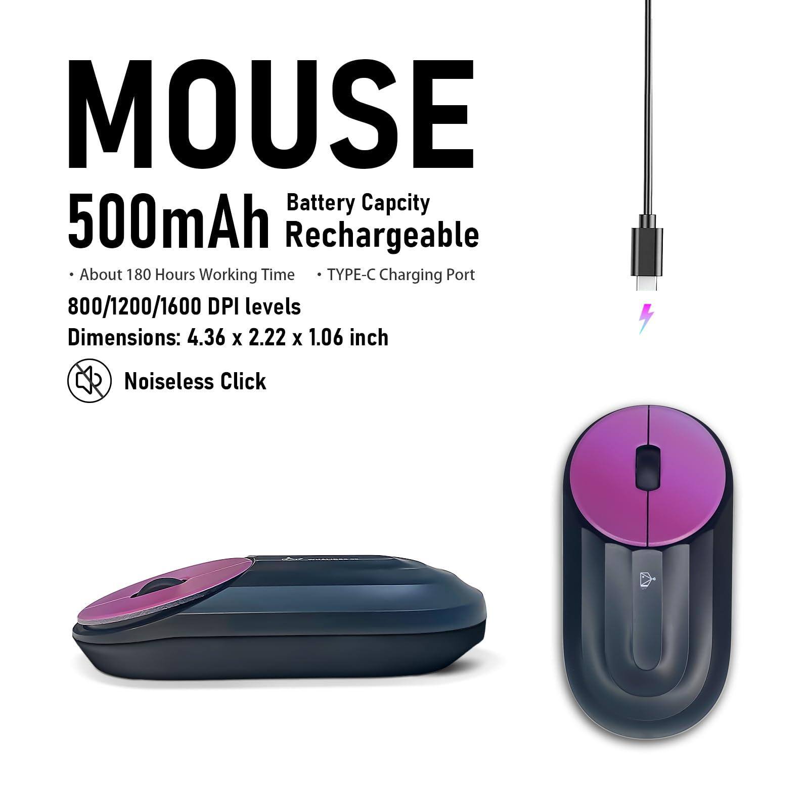 MOUSE  
500mAh Battery Capacity Rechargeable  
- About 180 Hours Working Time  
- TYPE-C Charging Port  
800/1200/1600 DPI levels  
Dimensions: 4.36 x 2.22 x 1.06 inch  
Noiseless Click
