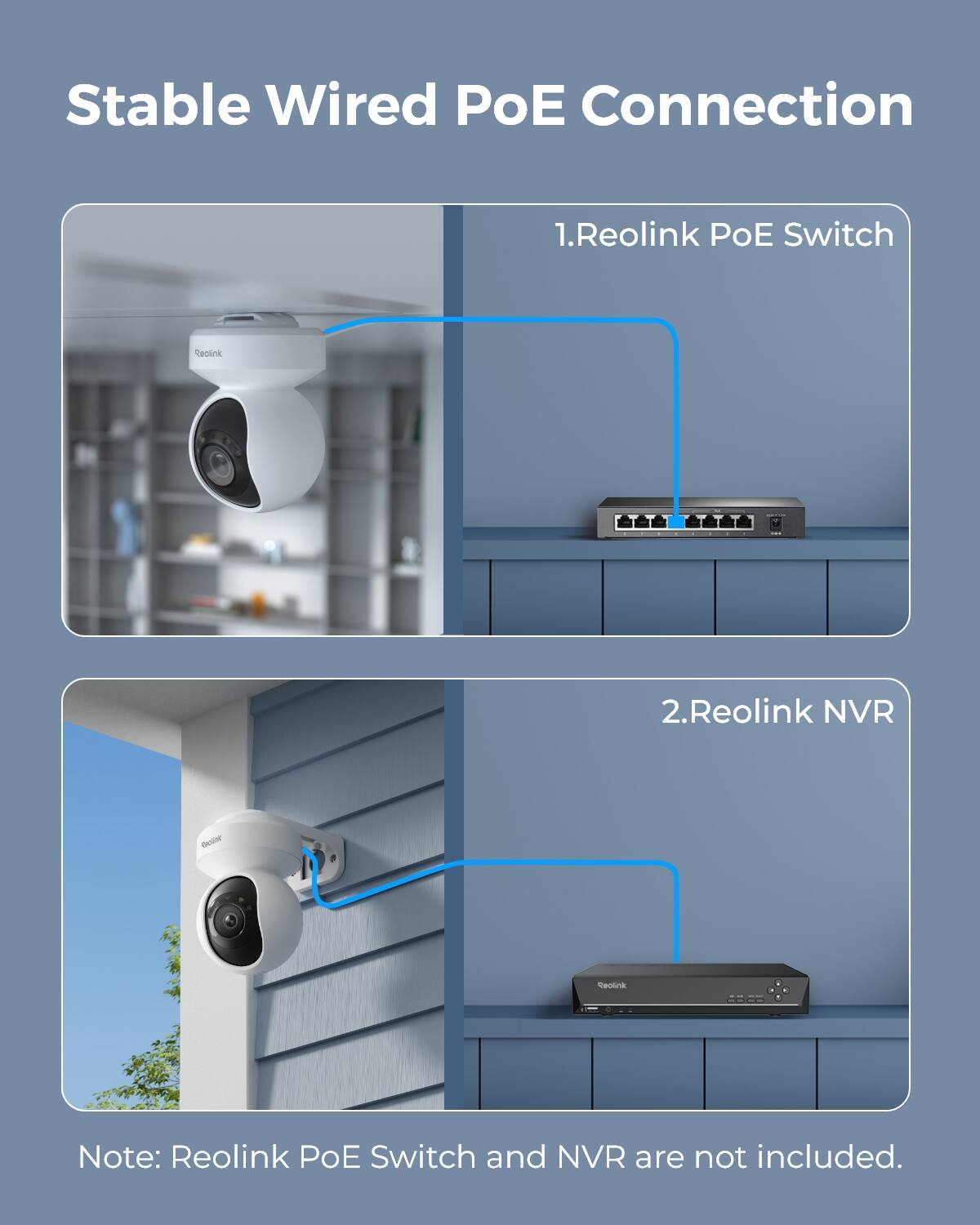 Stable Wired PoE Connection

1. Reolink PoE Switch
2. Reolink NVR

Note: Reolink PoE Switch and NVR are not included.