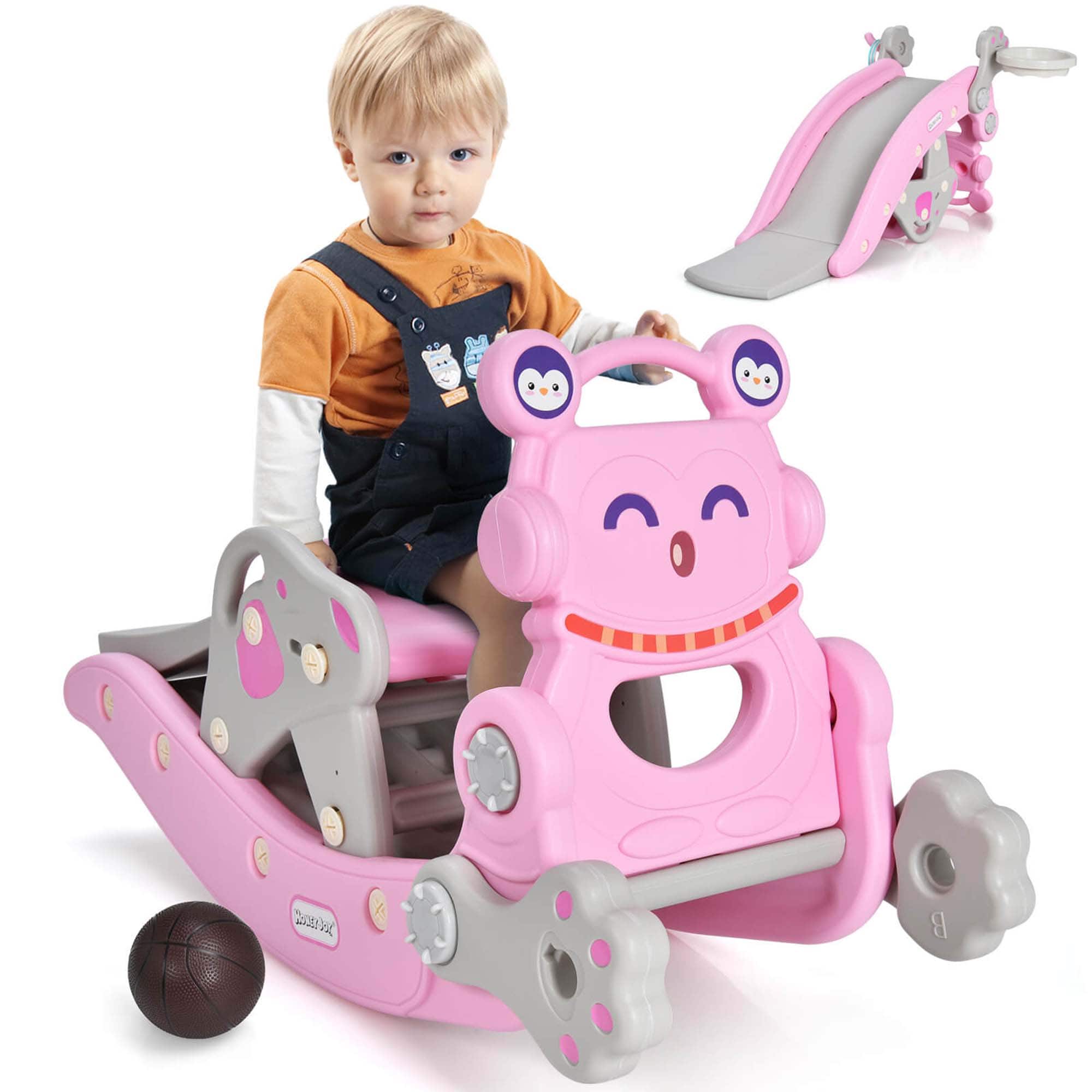 Costway - 4-in-1 Rocking Horse & Slide Set Toddler Slide Toy with Basketball Hoop - Pink