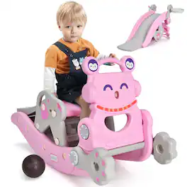 Costway - 4-in-1 Rocking Horse & Slide Set Toddler Slide Toy with Basketball Hoop - Pink