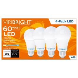 VIRIBRIGHT - A19 LED Bulb, E26, Screw Base, 9W, 60W Equivalent, 800 Lumens, Non-Dimmable, Warm White 2700K (4 Pack) - 2700