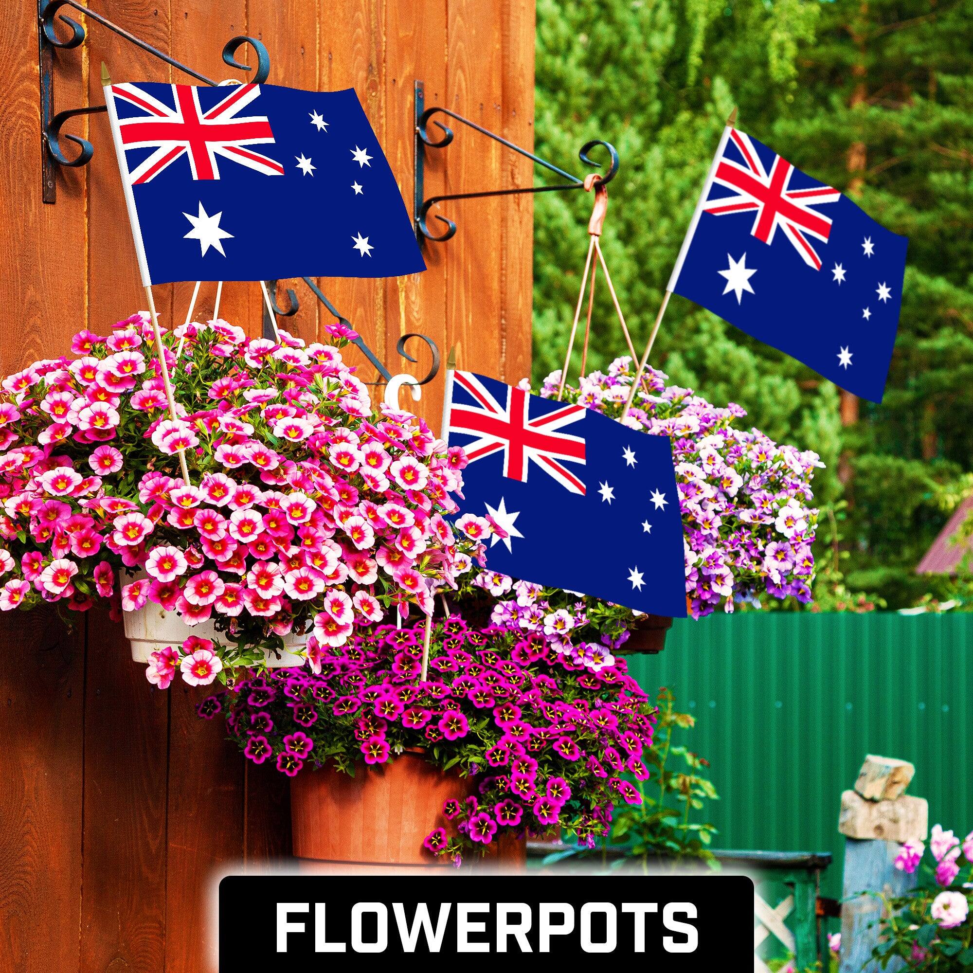 Angle. G128 - 50-Pack Handheld Australian Stick Flags — 12 x 18 in, 150D Polyester, Wooden Stick with Gold Spear Tip. - Assorted Colors.