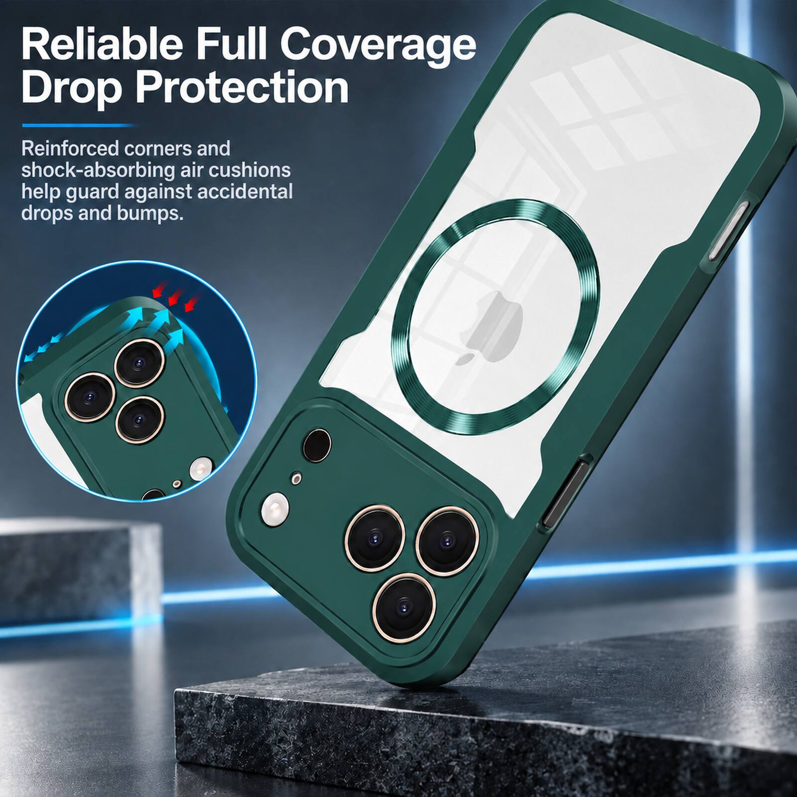 Reliable Full Coverage Drop Protection

Reinforced corners and shock-absorbing air cushions help guard against accidental drops and bumps.
