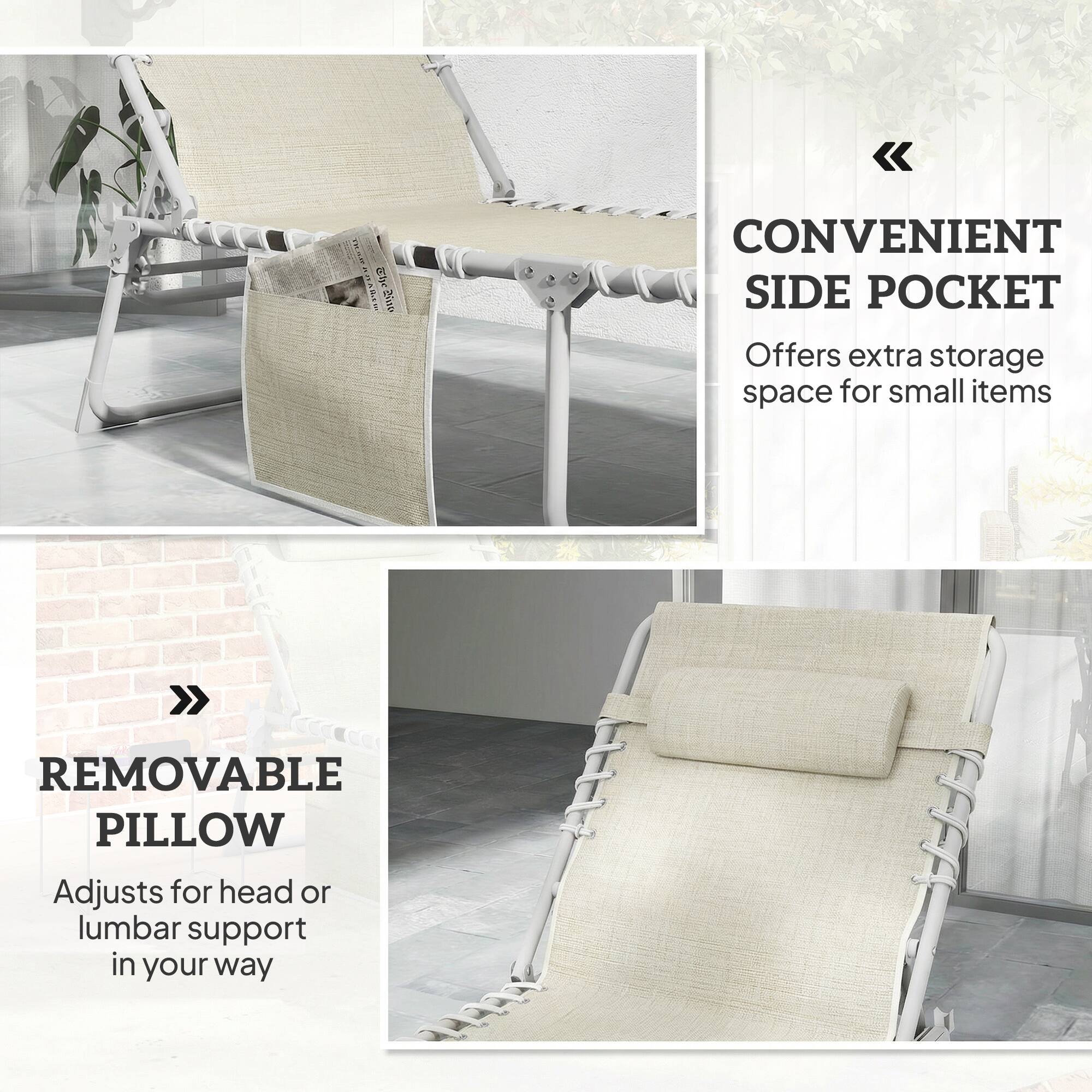 CONVENIENT SIDE POCKET  
Offers extra storage space for small items

REMOVABLE PILLOW  
Adjusts for head or lumbar support in your way