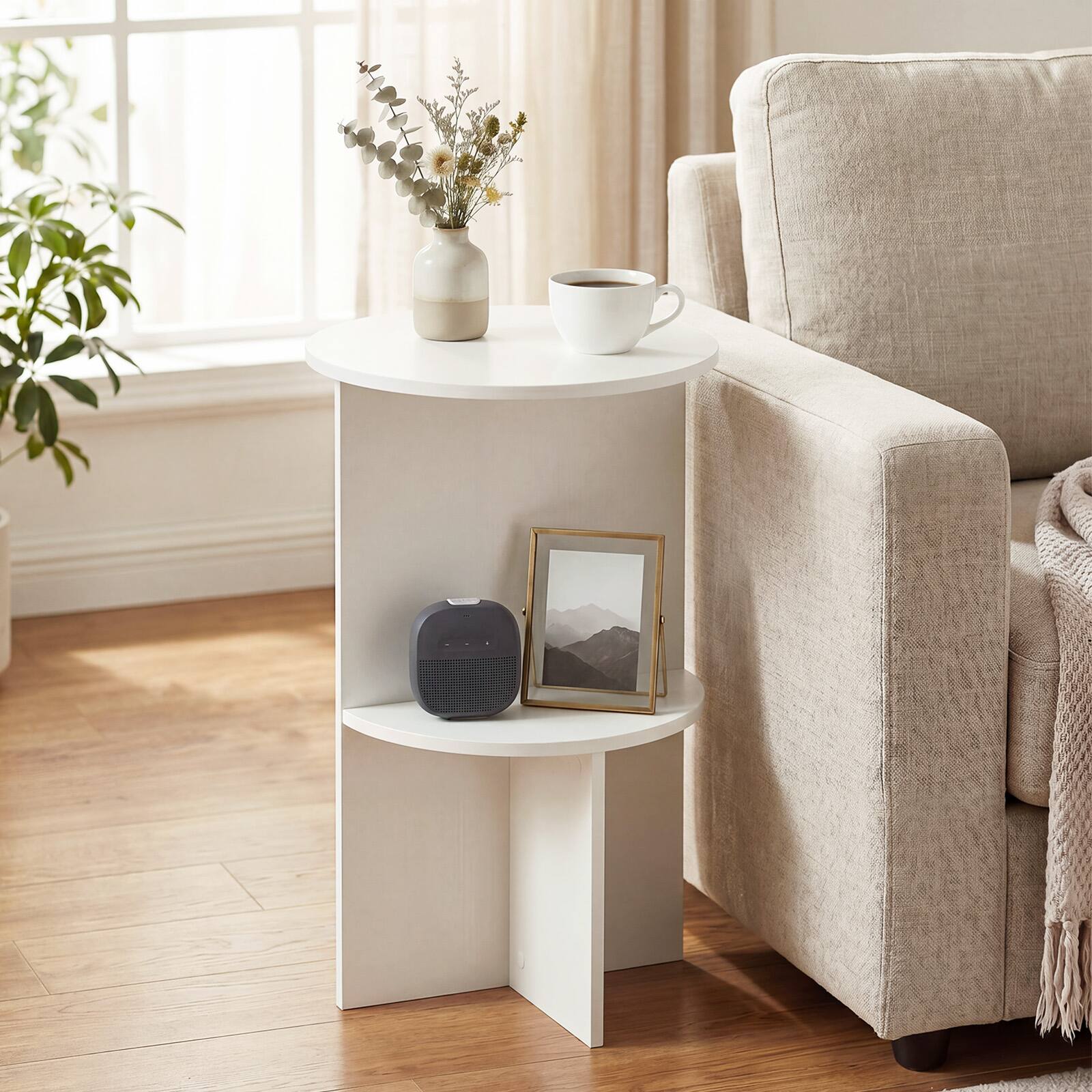 Alt View 3. Costway - Costway 1 PCS Side Table, 2-Tier Round End Table with Storage Shelf, Night Stand for Living Room - White.