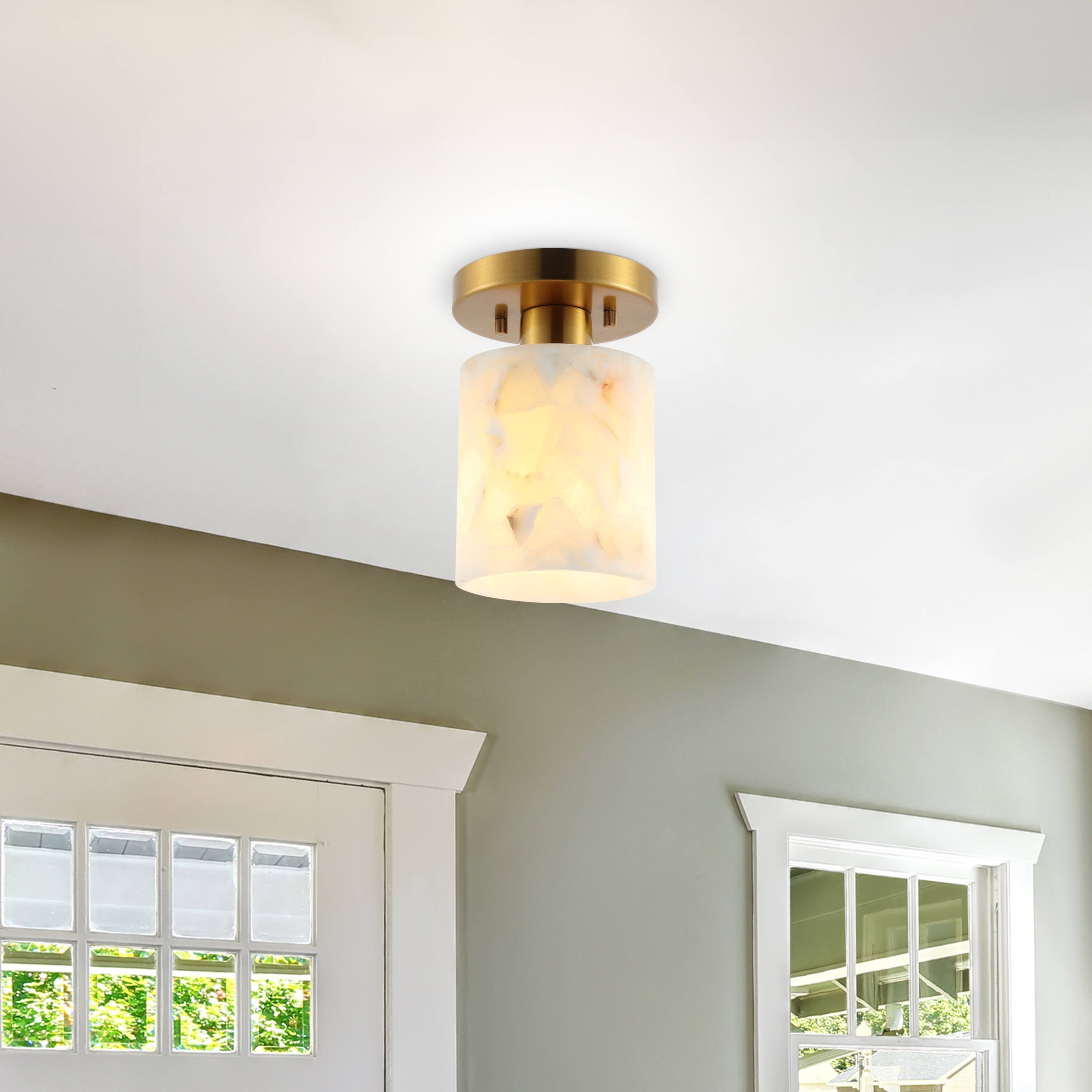 Alt View 1. Jonathan Y - Jules 5.13" 1-Light Modern Contemporary Alabaster/Iron Cylinder LED Semi Flush Mount, White Marbling/Brass Gold - White Marbling/Brass Gold.