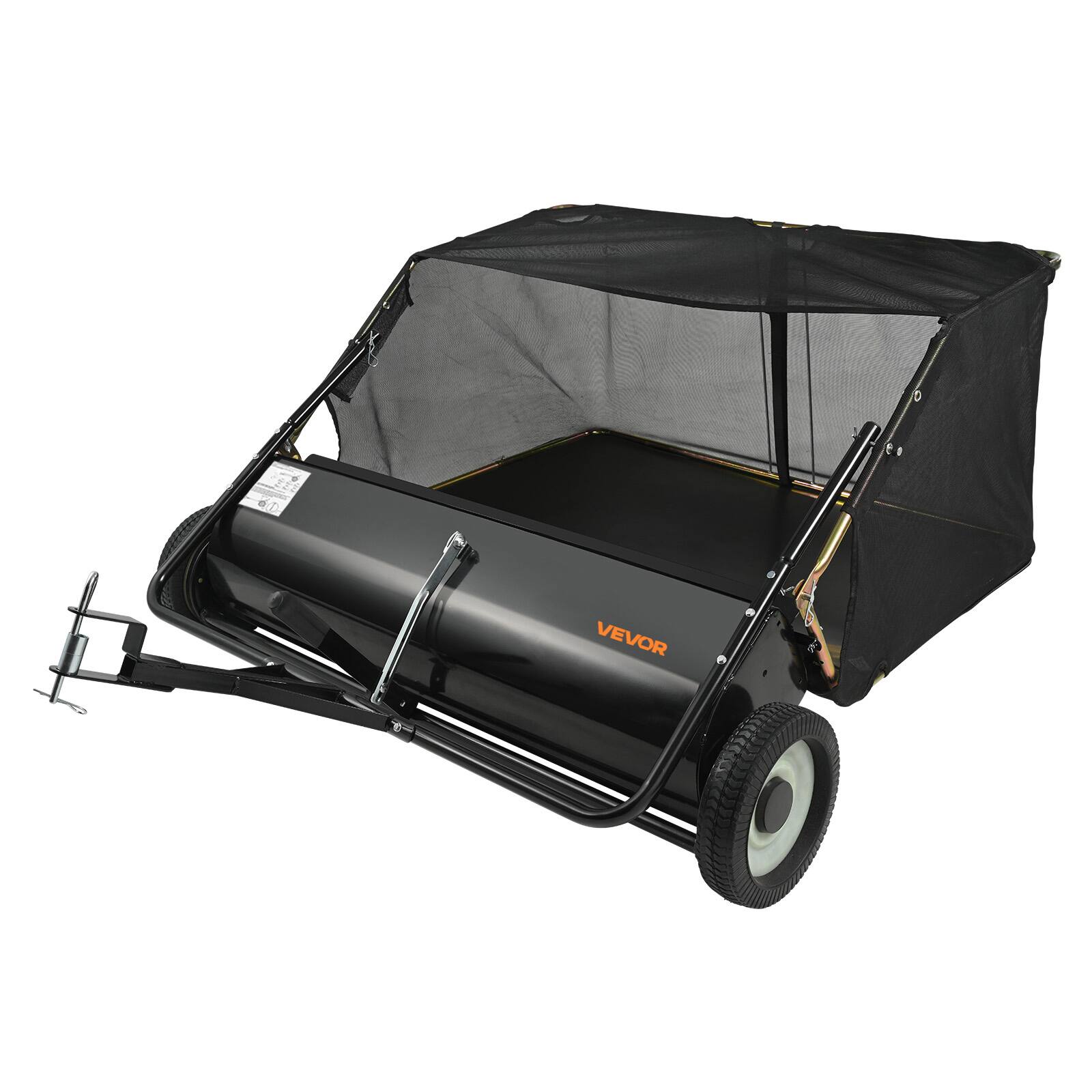 Front. VEVOR - Tow Behind Lawn Sweeper, 44 in Pull Behind Lawn Sweeper,25 cu.ft Large Capacity Leaf & Grass Collector,Heavy Duty weeper - Black.