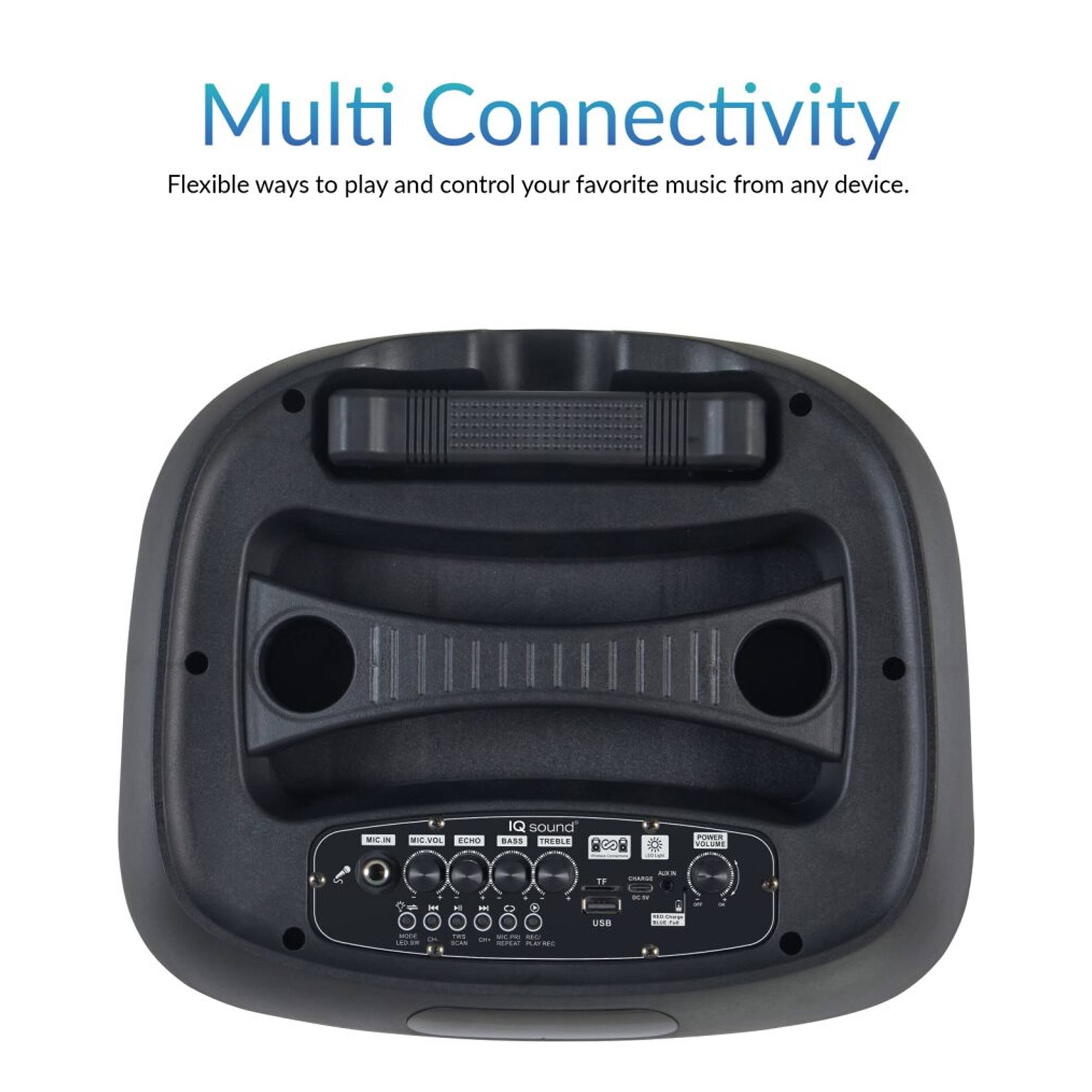 Multi Connectivity  
Flexible ways to play and control your favorite music from any device.  

- IQ sound  
- SIREBLE 2  
- C P VOLO 1  
- CANROE  
- USB  
- TF  
- MIC IN  
- MIC VOL  
- ECHO  
- BASS  
- TREBLE  
- LED  
- RCA  
- USB