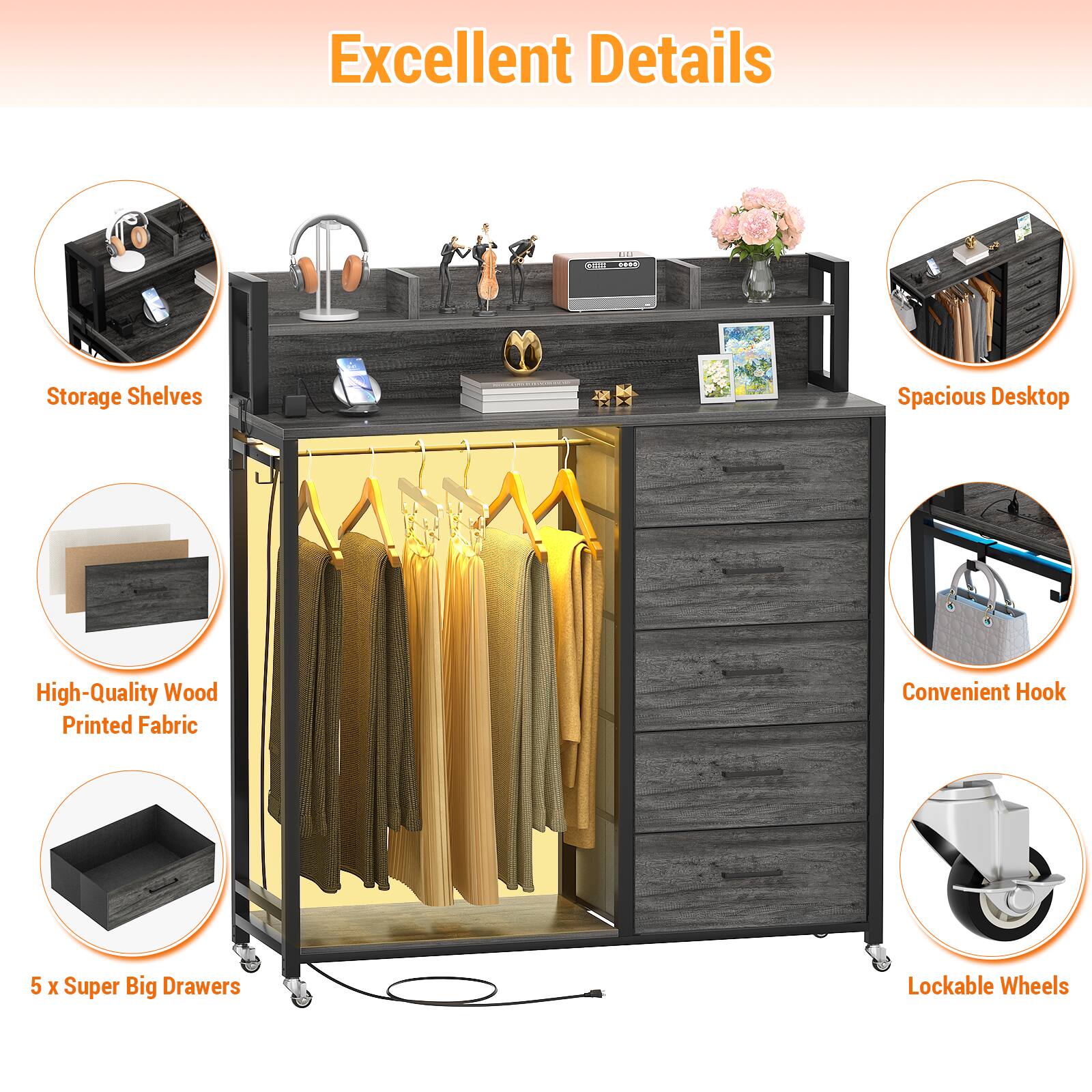 Excellent Details

- Storage Shelves
- Spacious Desktop
- High-Quality Wood Printed Fabric
- Convenient Hook
- 5 x Super Big Drawers
- Lockable Wheels