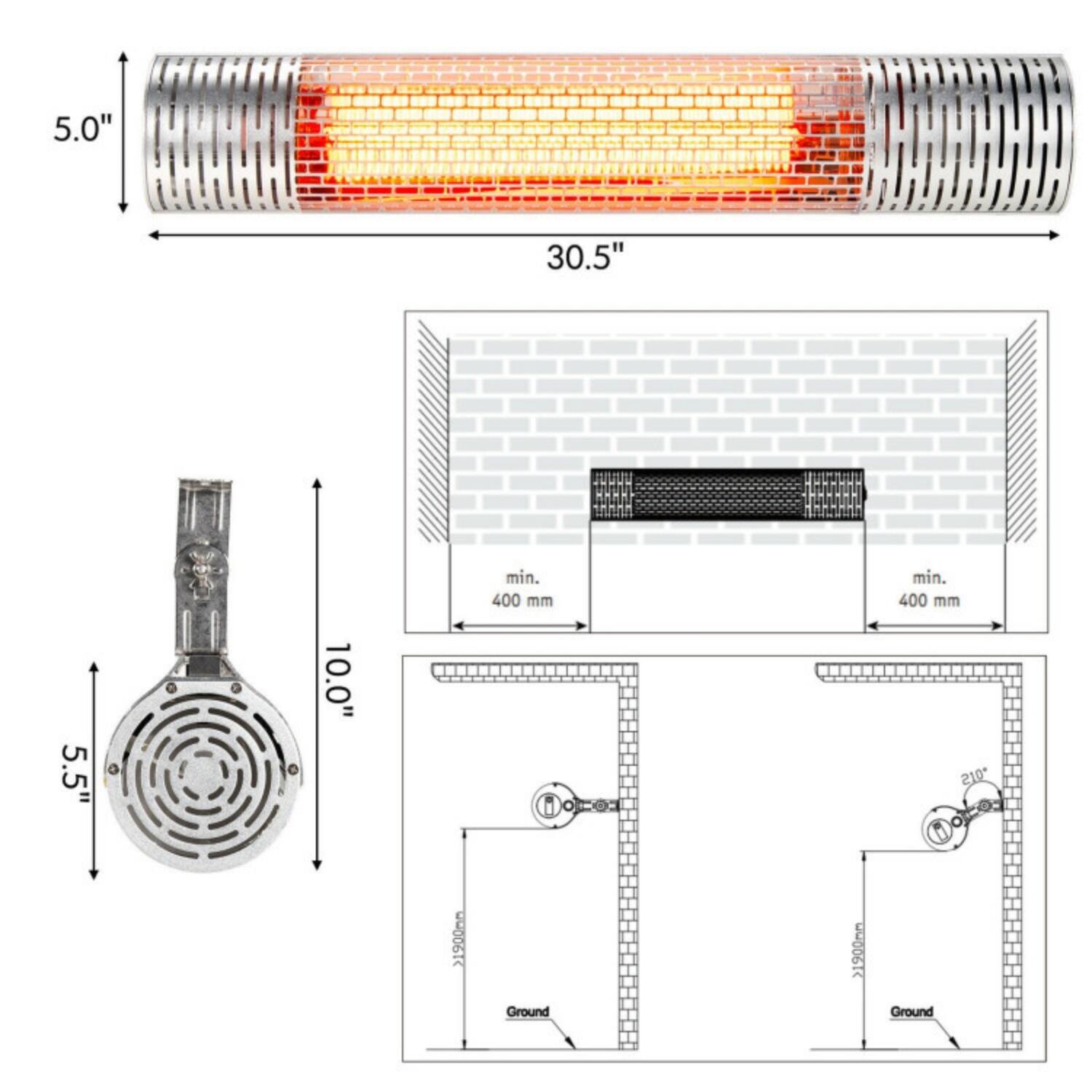 5.0"  
30.5"  
5.5"  
10.0"  
min. 400 mm  
min. 400 mm  
210°  
21900mm Ground  
21200mm Ground