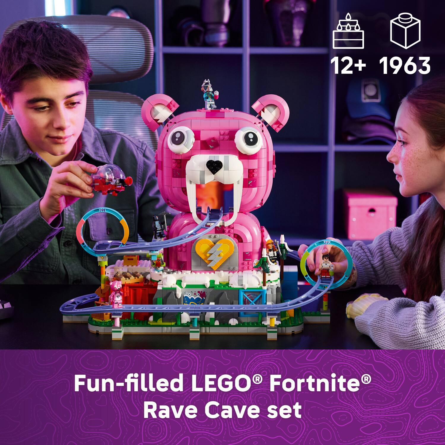 12+ 1963 - E 1E R R Fun-filled LEGO Fortnite Rave Cave set