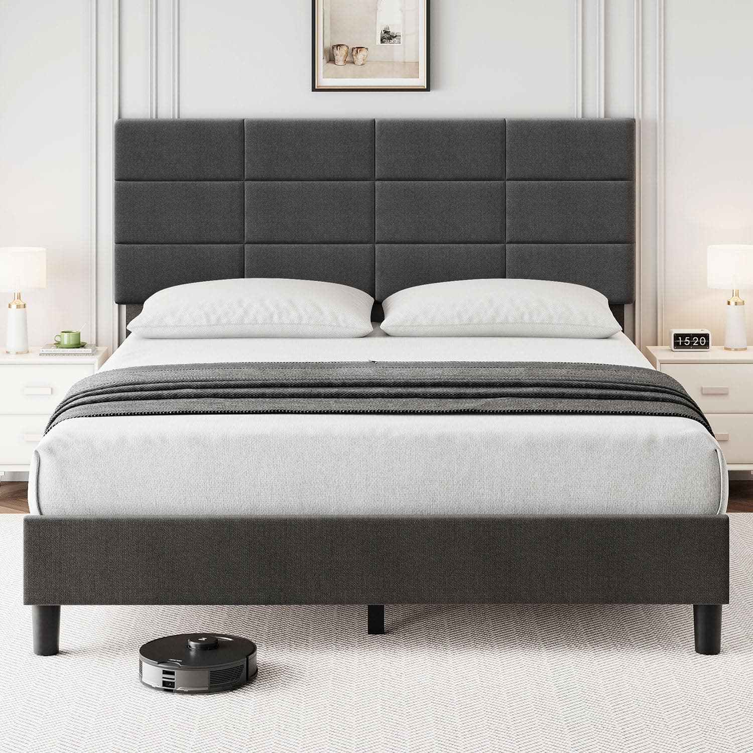 Jojoka - Full Size Bed Frame with Adjustable Upholstered Headboard, Strong Wood Slats, No Box Spring Needed - Gray