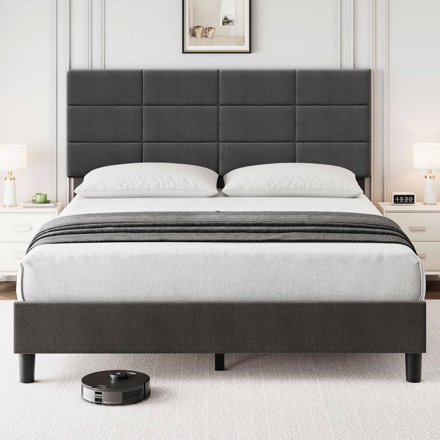 Front. Jojoka - Full Size Bed Frame with Adjustable Upholstered Headboard, Strong Wood Slats, No Box Spring Needed - Gray.