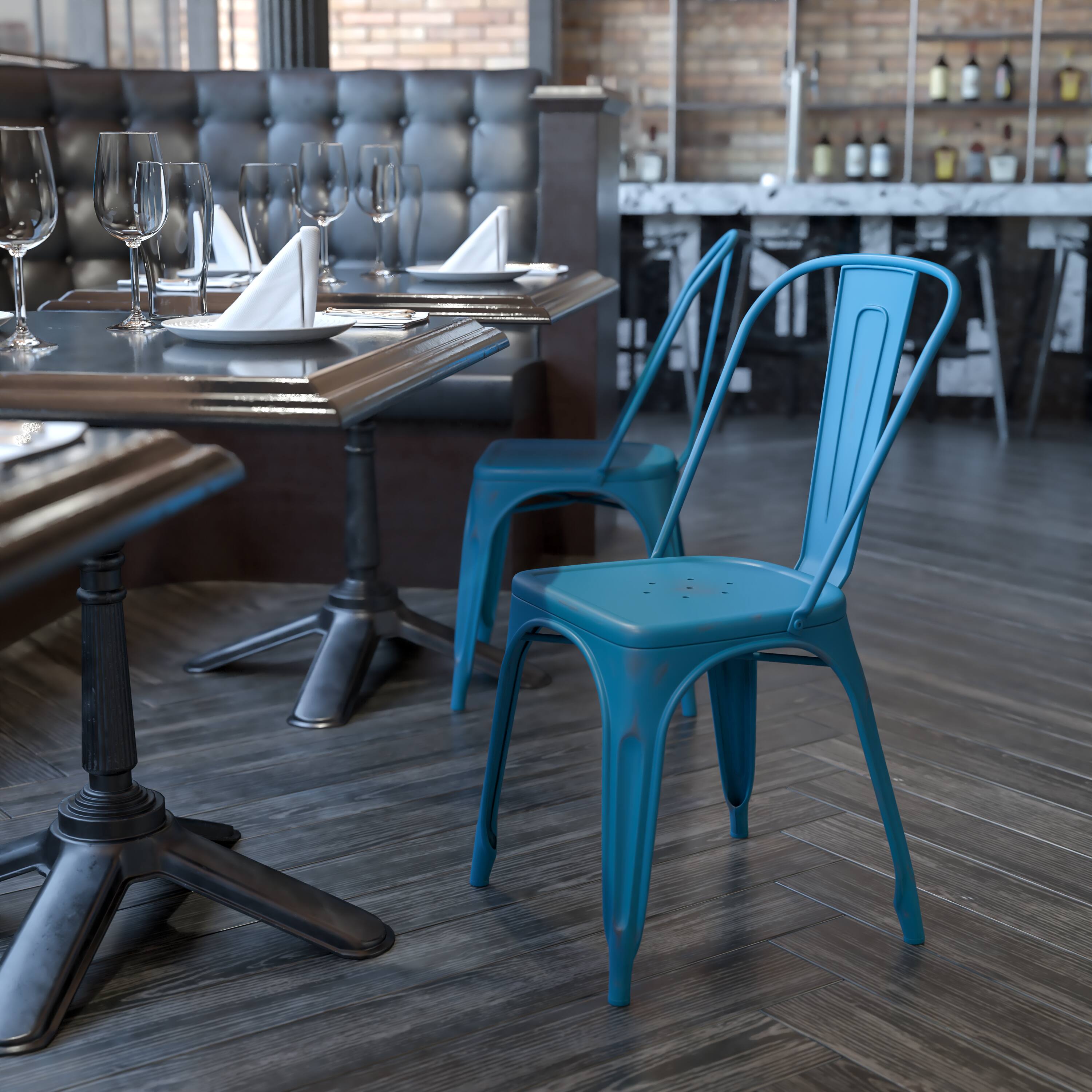 Alt View 1. Emma + Oliver - Commercial Grade Distressed Colorful Metal Indoor-Outdoor Stackable Chair - Antique Blue.