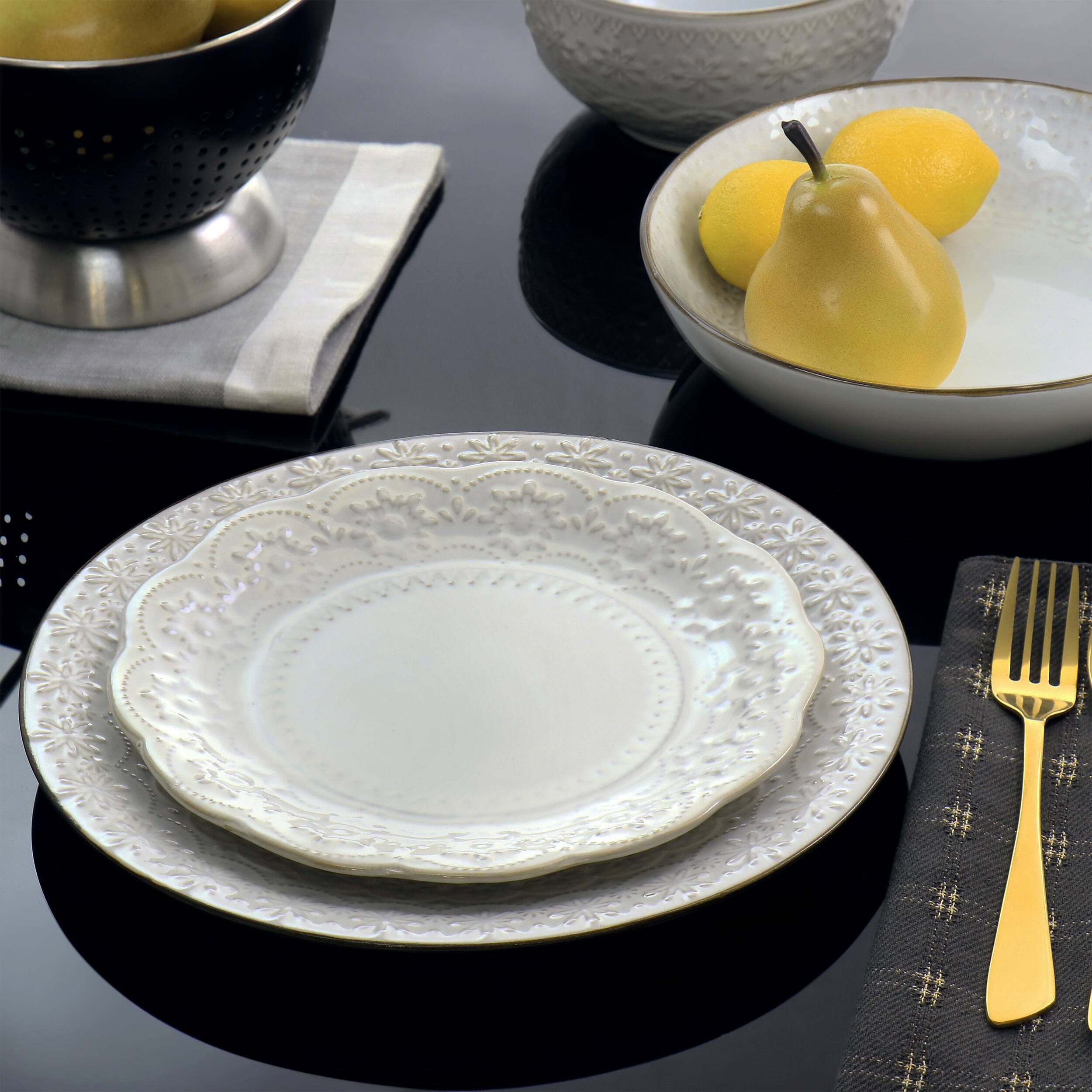 Alt View 8. Elama - Elama Countess 16 Piece Embossed Double Bowl Stoneware Dinnerware Set in Ivory - Ivory.