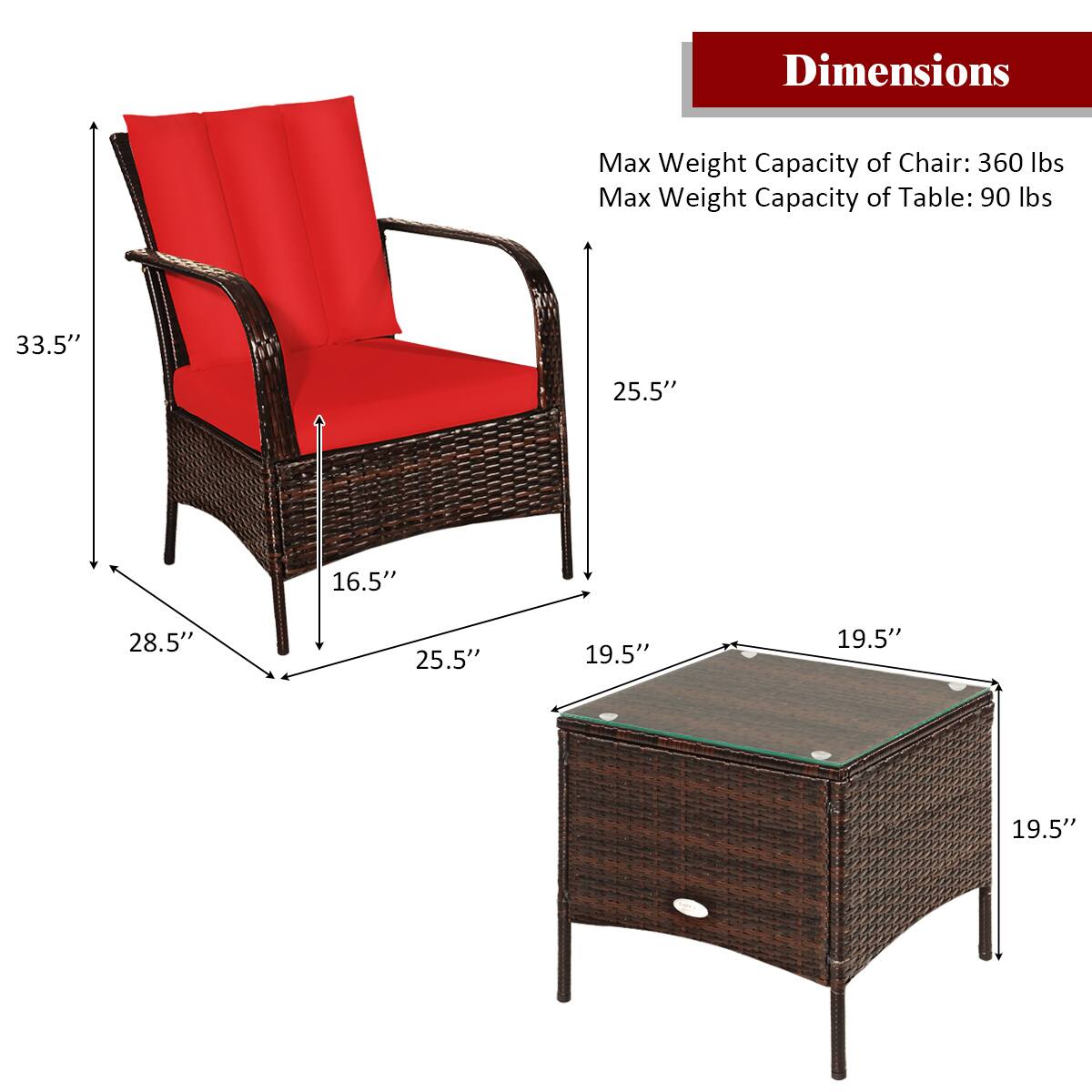 Dimensions: Max Weight Capacity of Chair: 360 lbs. Max Weight Capacity of Table: 90 lbs.

Dimensions: 33.5" 25.5" 16.5" 28.5" 25.5" 19.5" 19.5" 19.5"