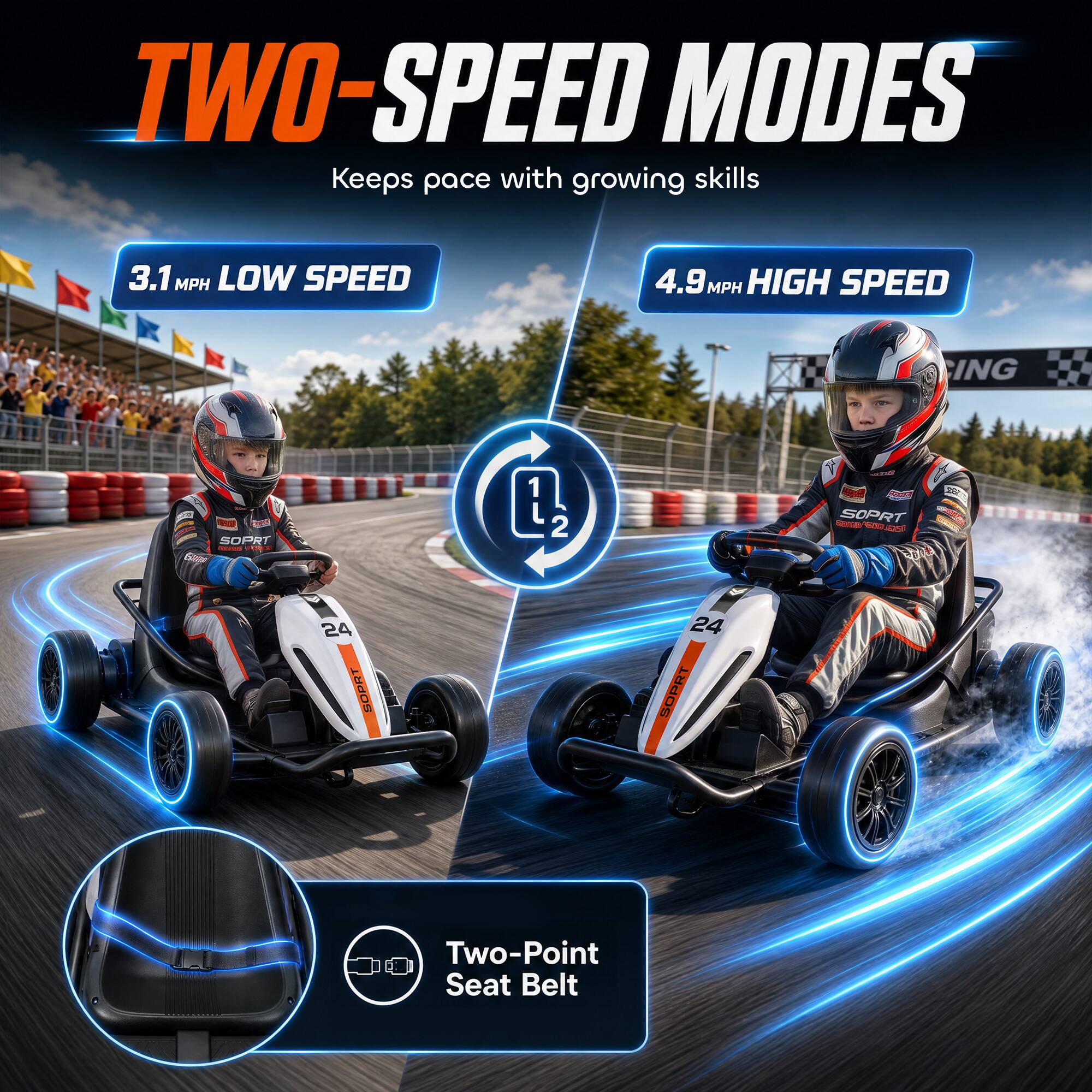 TWO-SPEED MODES  
Keeps pace with growing skills

3.1 MPH LOW SPEED  
4.9 MPH HIGH SPEED

Two-Point Seat Belt