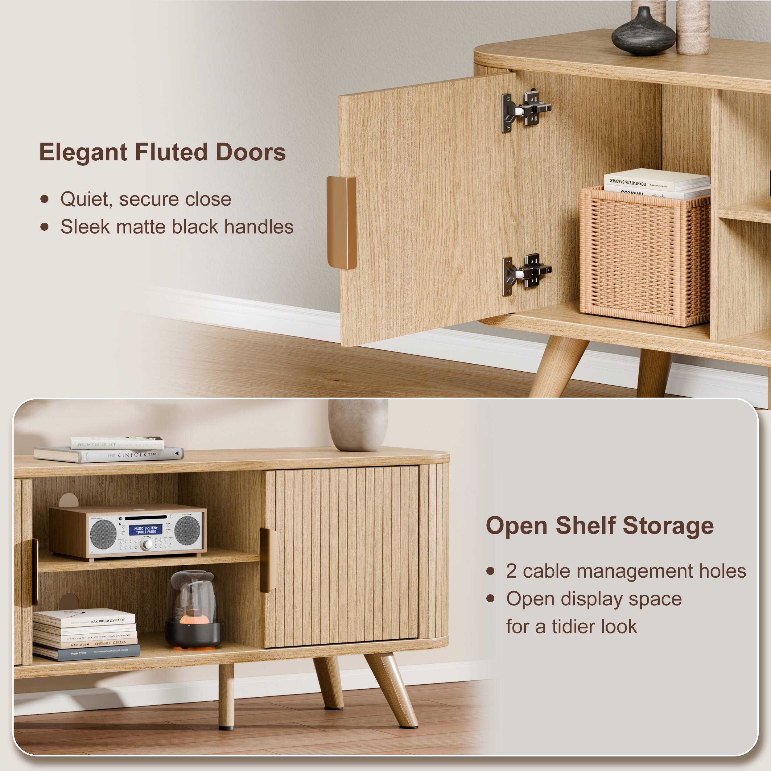 Elegant Fluted Doors  
- Quiet, secure close  
- Sleek matte black handles  

Open Shelf Storage  
- 2 cable management holes  
- Open display space for a tidier look