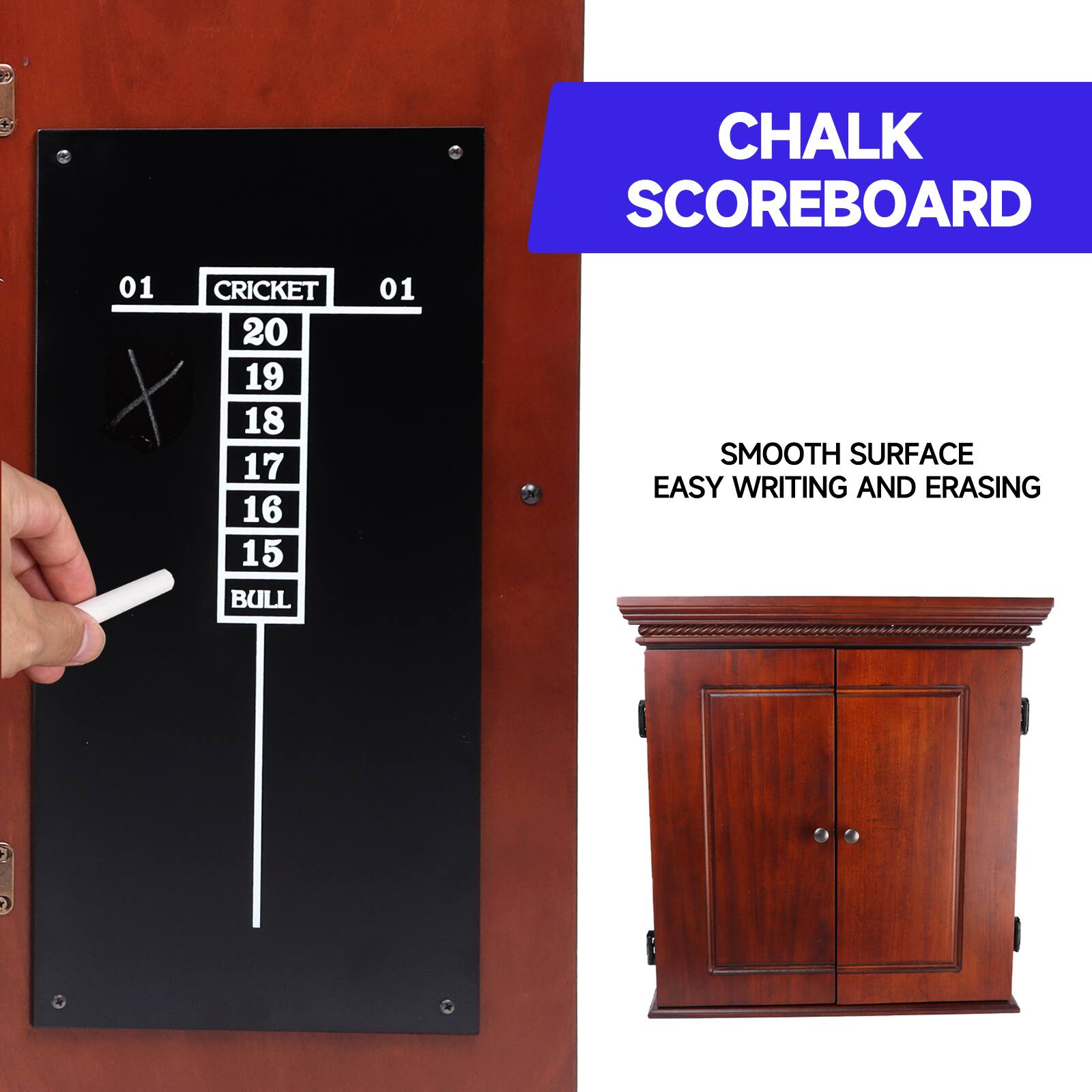 CHALK SCOREBOARD

CRICKET  
01 01  
20 19 18 17 16 15  
BULL  

SMOOTH SURFACE  
EASY WRITING AND ERASING
