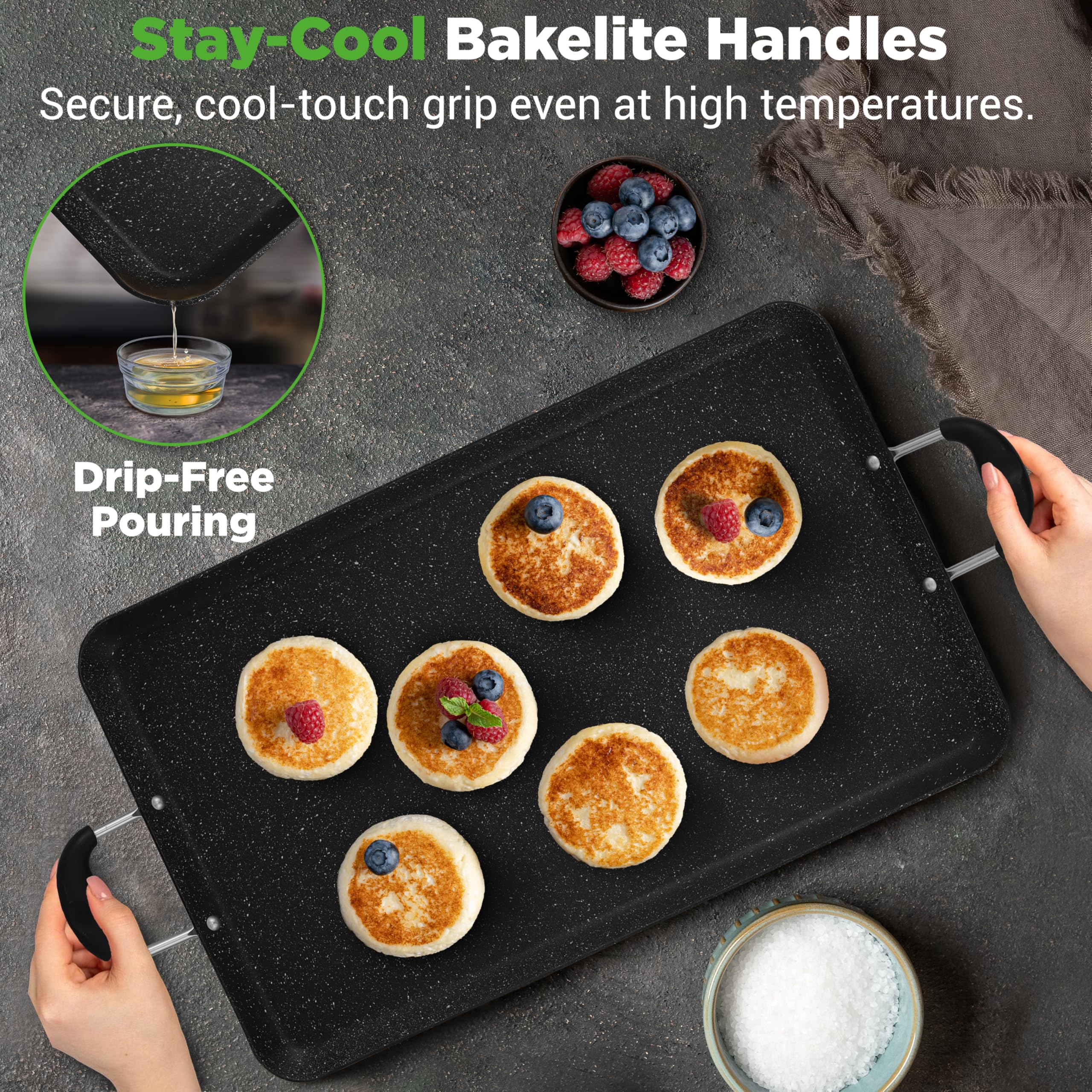 Stay-Cool Bakelite Handles  
Secure, cool-touch grip even at high temperatures.  

Drip-Free Pouring