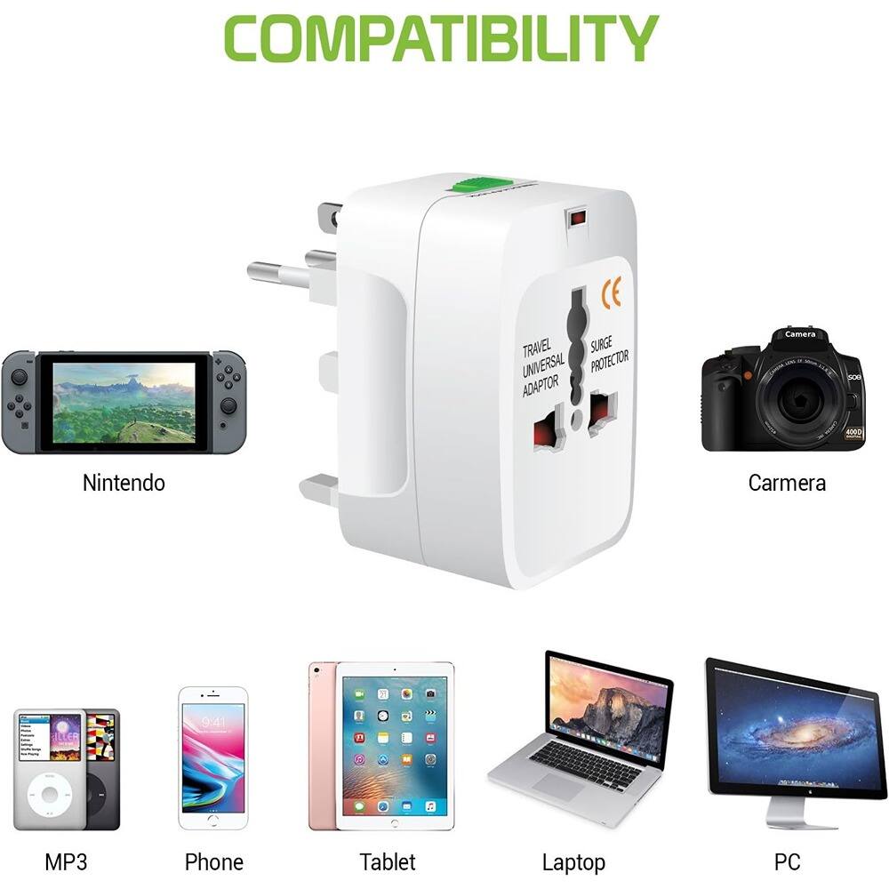 COMPATIBILITY

- Nintendo
- Camera
- MP3
- Phone
- Tablet
- Laptop
- PC

TRAVEL UNIVERSAL ADAPTOR
SURGE PROTECTOR