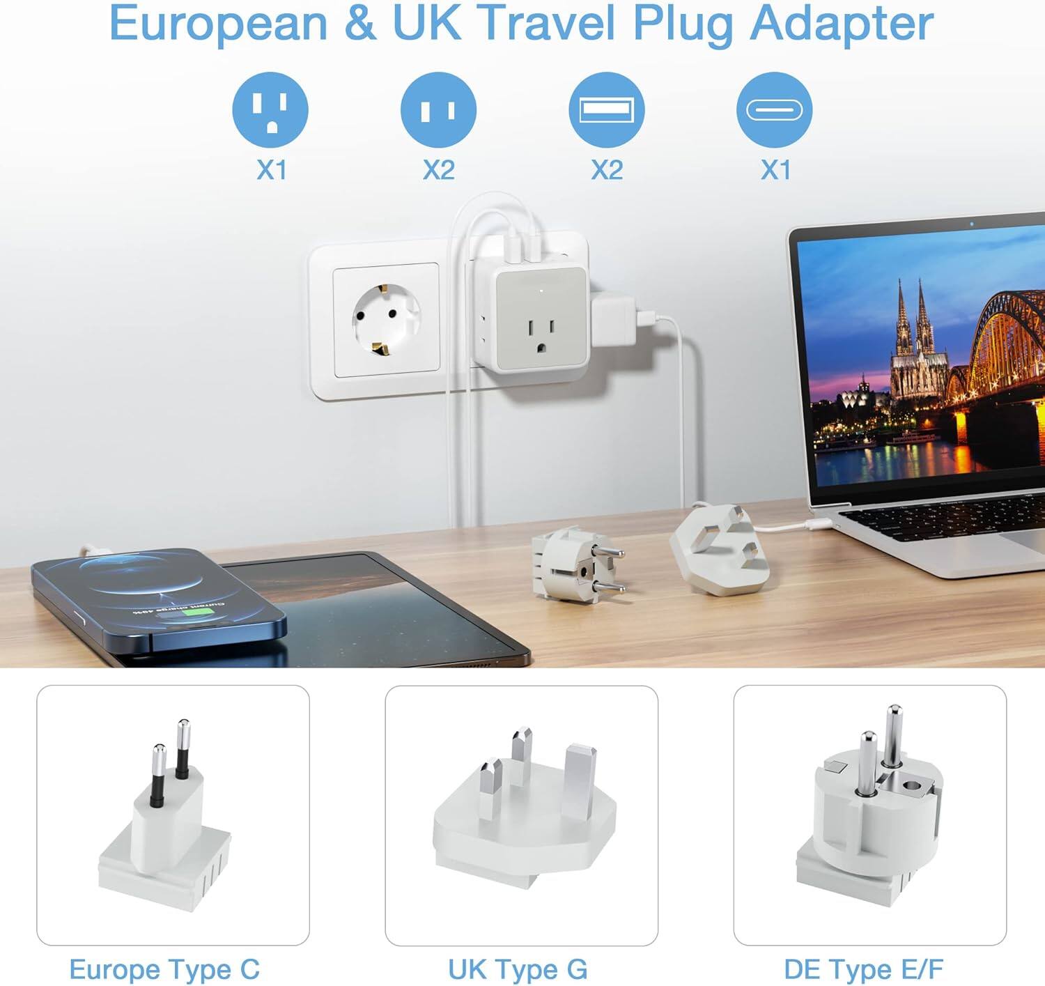 European & UK Travel Plug Adapter  
X1 X2 X2 X1  
Europe Type C  
UK Type G  
DE Type E/F