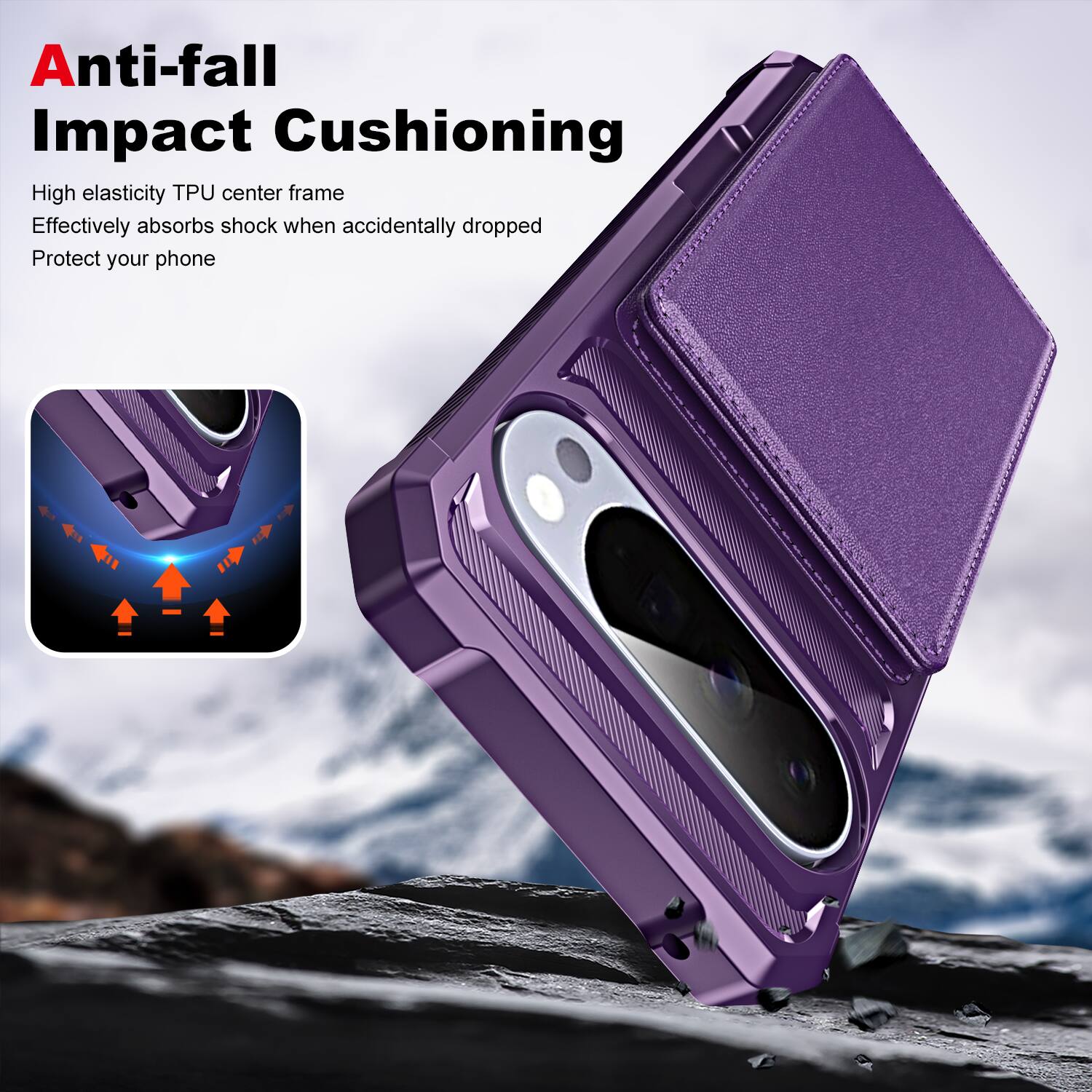 Anti-fall Impact Cushioning

High elasticity TPU center frame  
Effectively absorbs shock when accidentally dropped  
Protect your phone