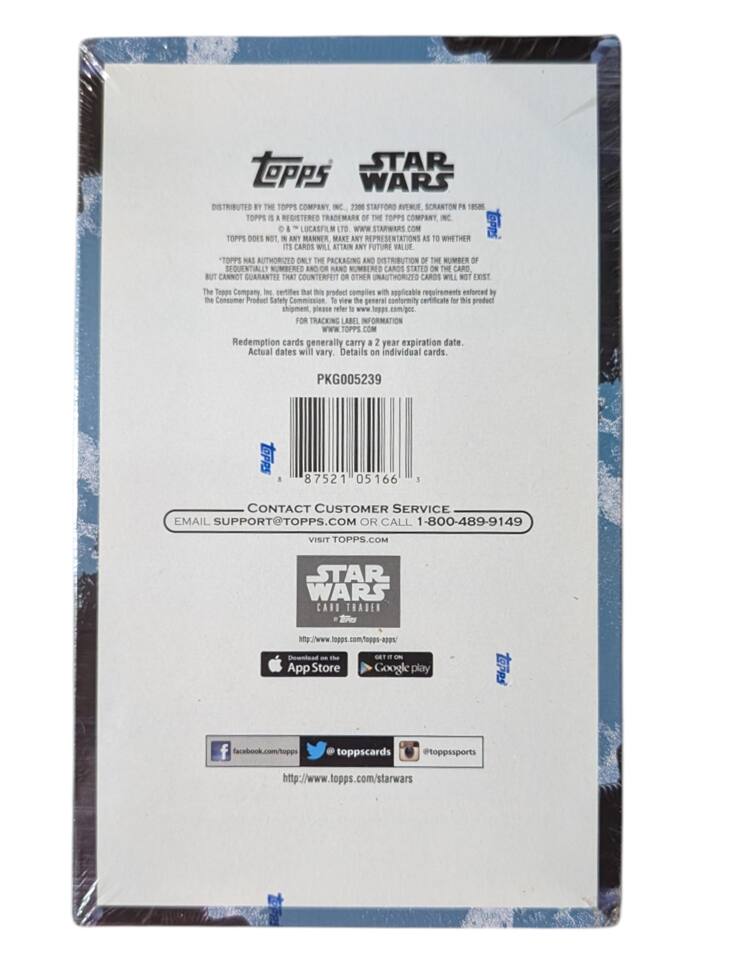 STAR WARS  
DISTRIBUTED BY THE TOPPS COMPANY  
2300 STAFFORD AVENUE, SCRANTON PA 18505  
TOPPS IS A REGISTERED TRADEMARK OF THE TOPPS COMPANY, © LUCASFILM LTD WWW.STARWARS.COM  
TOPPS DOES NOT, IN ANY MANNER, MAKE ANY REPRESENTATIONS AS TO WHETHER ITS CARDS WILL ATTAIN ANY FUTURE VALUE.  
*TOPPS HAS ONLY THE PACKAGING AND OF SEQUENTIALLY NUMBERED AND/OR HAND CARDS STATED ON THE CARD, BUT CANNOT GUARANTEE THAT COUNTERFEIT OR OTHER UNAUTHORIZED CARDS WILL NOT EXIST.  
The Topps Company, Inc. certifies that this product complies with applicable requirements enforced by the Consumer Product Safety Commission. To view the general conformity certificate for this product please refer to www.topps.com.  
Redemption cards generally carry a 2 year expiration date. Actual dates will vary. Details on individual cards.  
PKG005239  
LOPPS 8 87521 05166 3  
CONTACT CUSTOMER SERVICE EMAIL SUPPORT@TOPPS.COM OR CALL 1-800