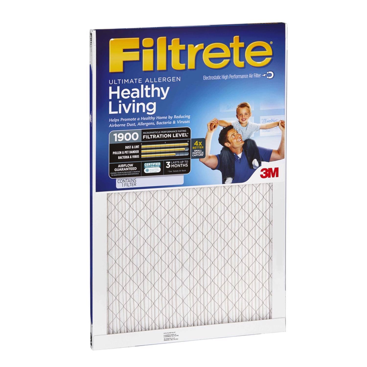 Filtrete Electrostatic High Performance Air Filter  
ULTIMATE ALLERGEN Healthy Living  
Healthy Home by Reducing Airborne Dust, Allergens, Bacteria & Viruses  

1900 FILTRATION LEVEL  
4x BETTER CAPTURE OF BACTERIA & VIRUS  

LASTS 3 MONTHS  
GUARANTEED  
3M CONTAINS 1 FILTER