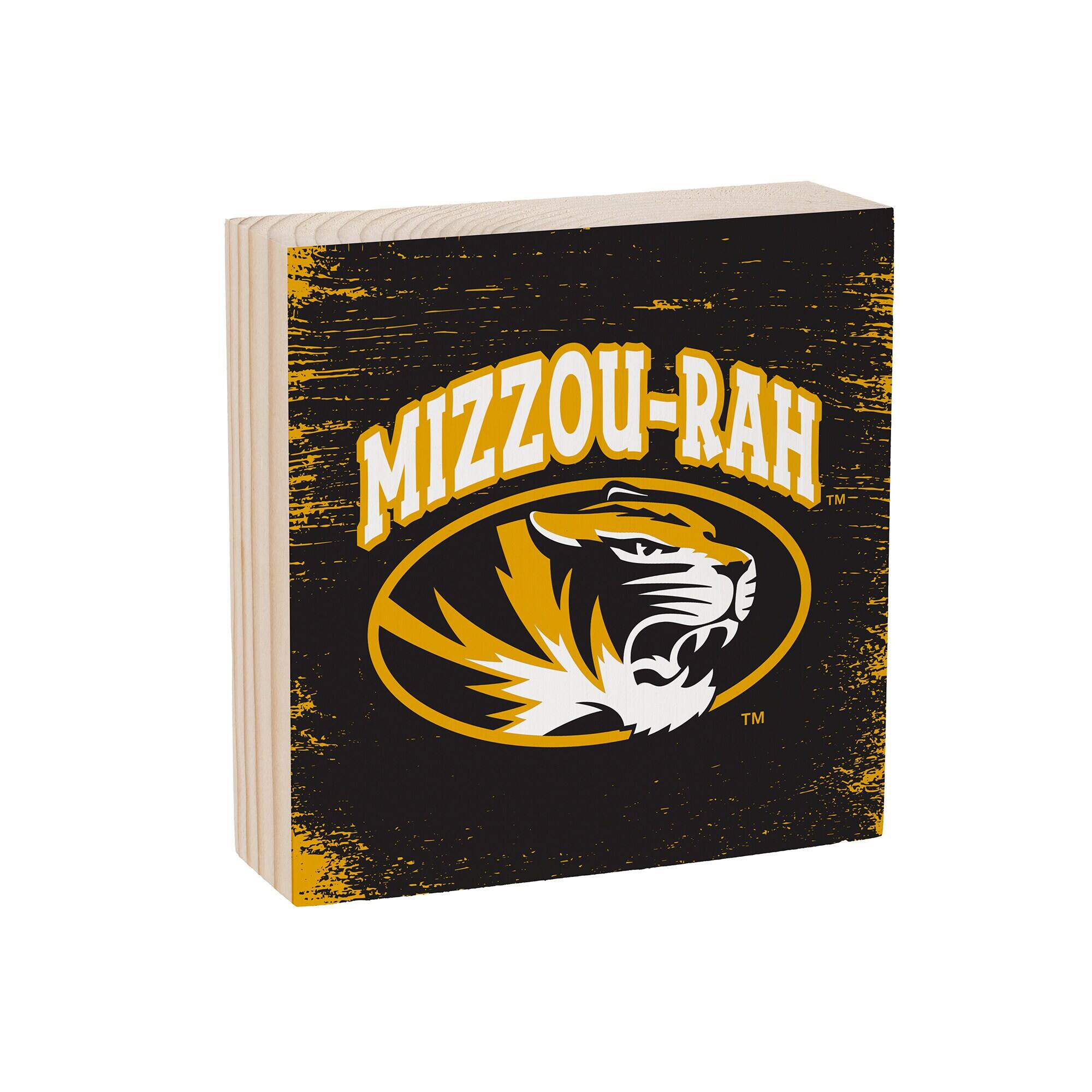 Alt View 1. Evergreen Enterprises - Missouri Tigers 6" Square Fan Chant Wood Block Shelf Sign - Multicolor.