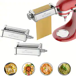 Gvode - 3 piece, 3-in-1 Pasta Kitchen Attachment for Stand Mixer, All-Metal Roller & Cutters - Silver