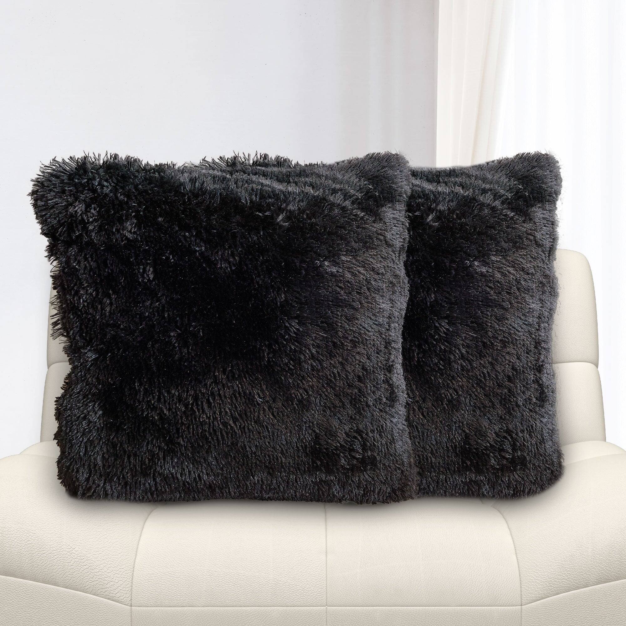 Alt View 10. Cheer Collection - Plush Shaggy Long Hair Faux Fur Accent Throw Pillows with Inserts, 24 x 24-Inch, Set of 2 - Black - Black.