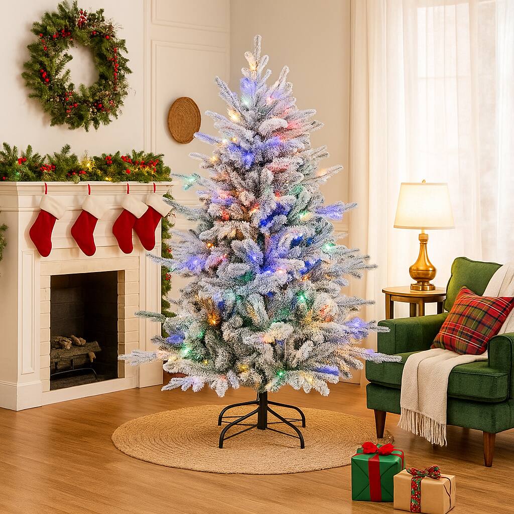 Front. BreeBe - Flocked Holiday Tree with 8 Lighting Modes – 4.5/6/7ft and Multicolor LEDs - Green.