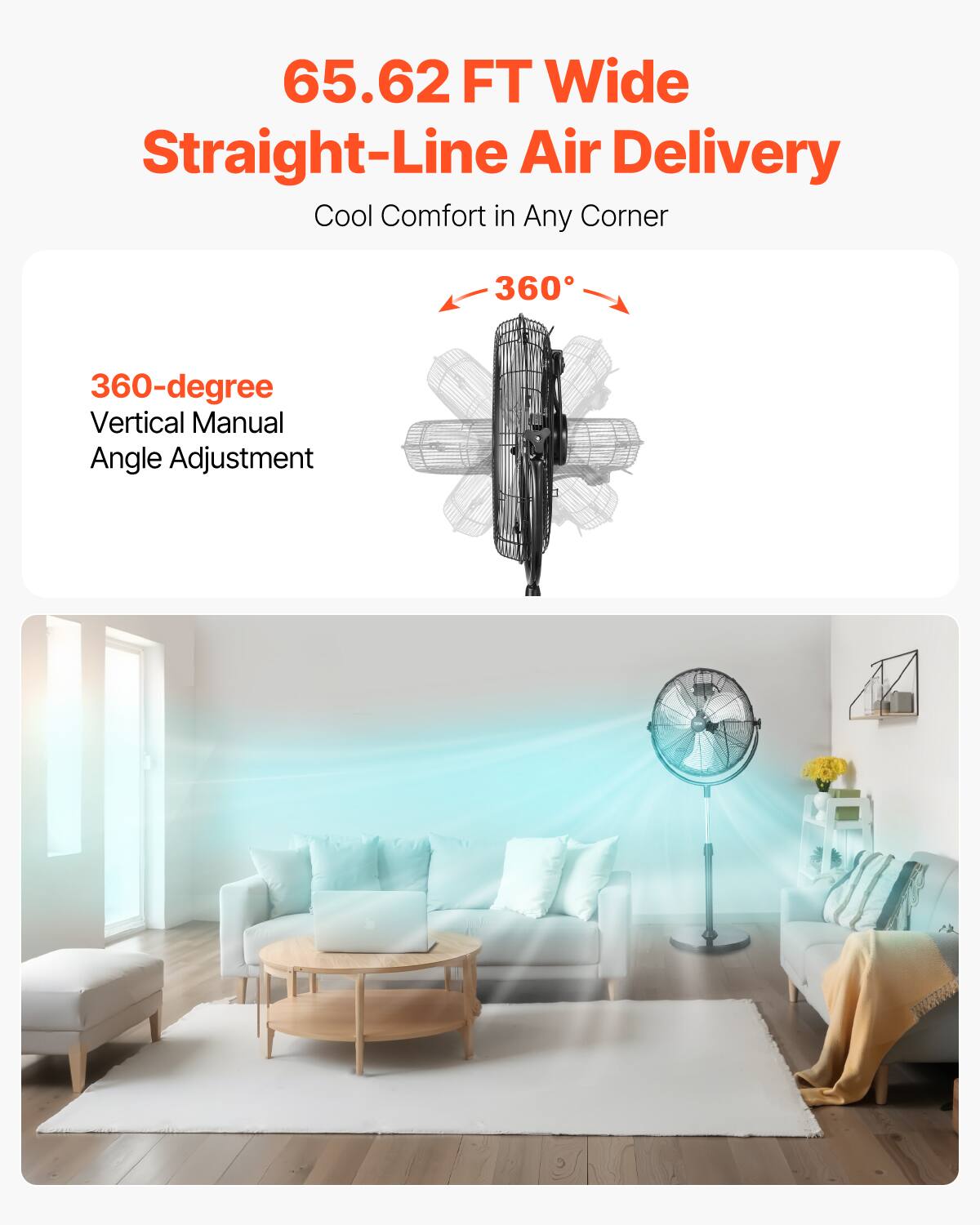 65.62 FT Wide  
Straight-Line Air Delivery  
Cool Comfort in Any Corner  

360-degree Vertical Manual Angle Adjustment