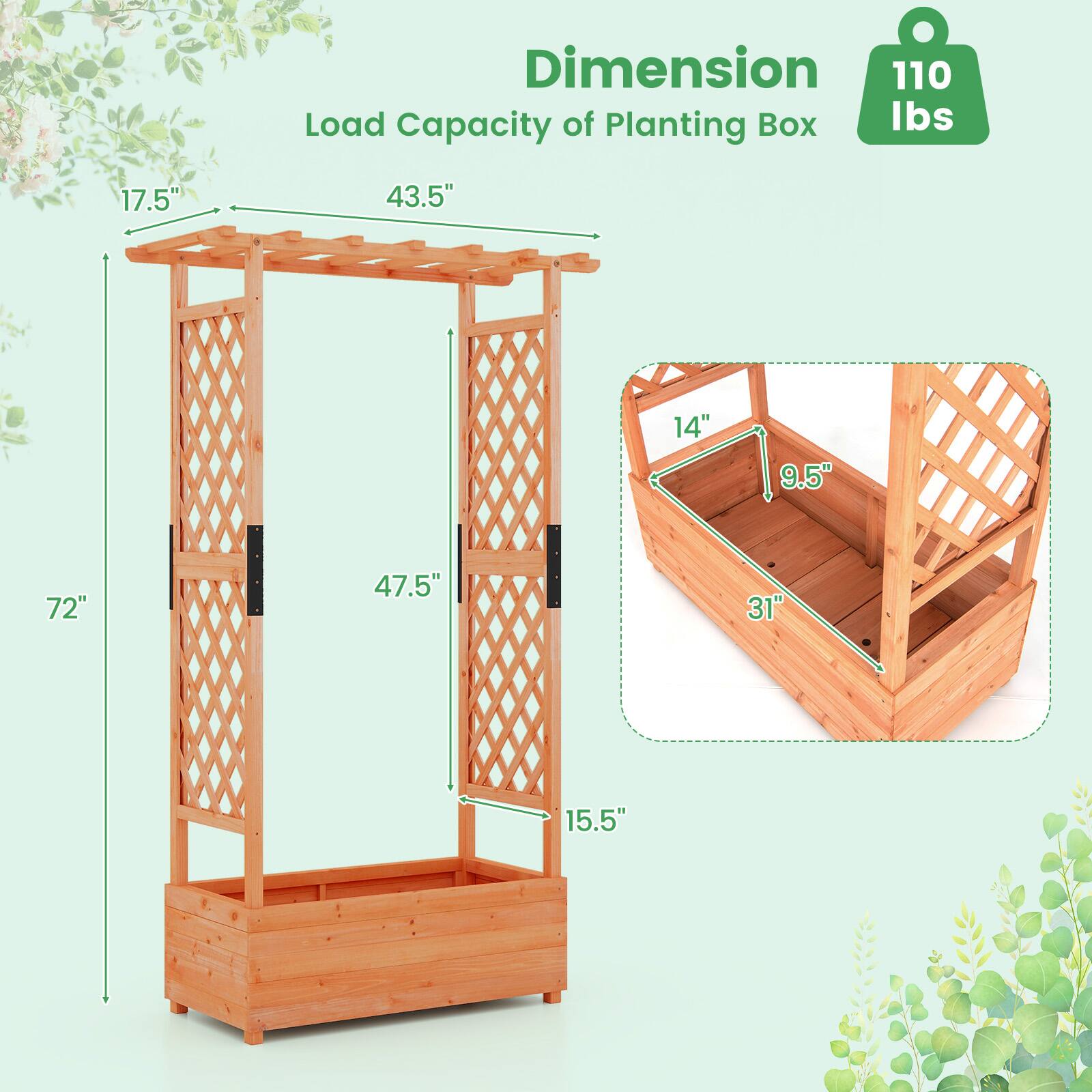 Dimension  
Load Capacity of Planting Box: 110 lbs  
17.5" x 43.5" x 14" x 9.5" x 72" x 47.5" x 31" x 15.5"