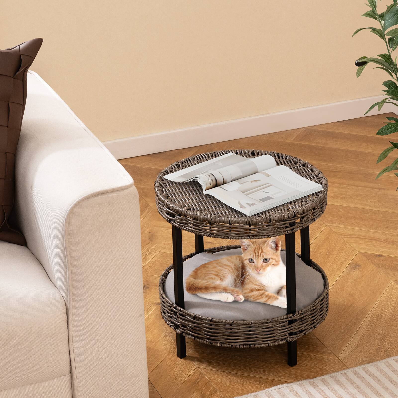 Alt View 3. Gymax - Gymax 2-tier Rattan Cat Nest Wicker Kitten House w/ Removable Padded Cushion for Home.