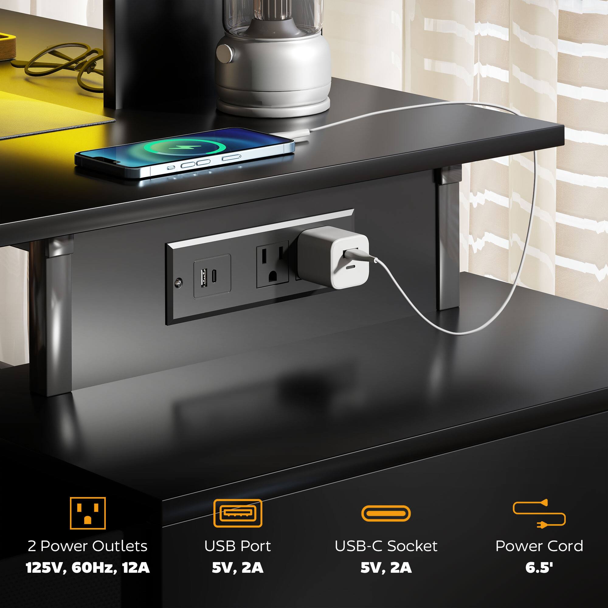 M 2 Power Outlets 125V, 60Hz, 12A USB Port 5V, 2A USB-C Socket 5V, 2A Power Cord 6.5'