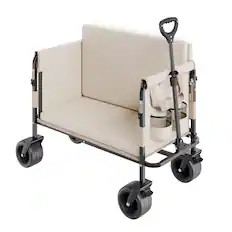 Front. VEVOR - Collapsible Folding Wagon, 550lb Load & 220L, 2 in 1 Foldable Wagon Cart Converts to Bench, with Adjustable Handle - Khaki.
