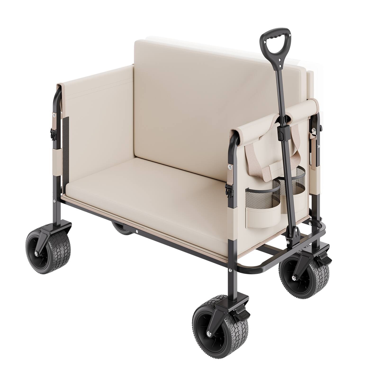 VEVOR - Collapsible Folding Wagon, 550lb Load & 220L, 2 in 1 Foldable Wagon Cart Converts to Bench, with Adjustable Handle - Khaki