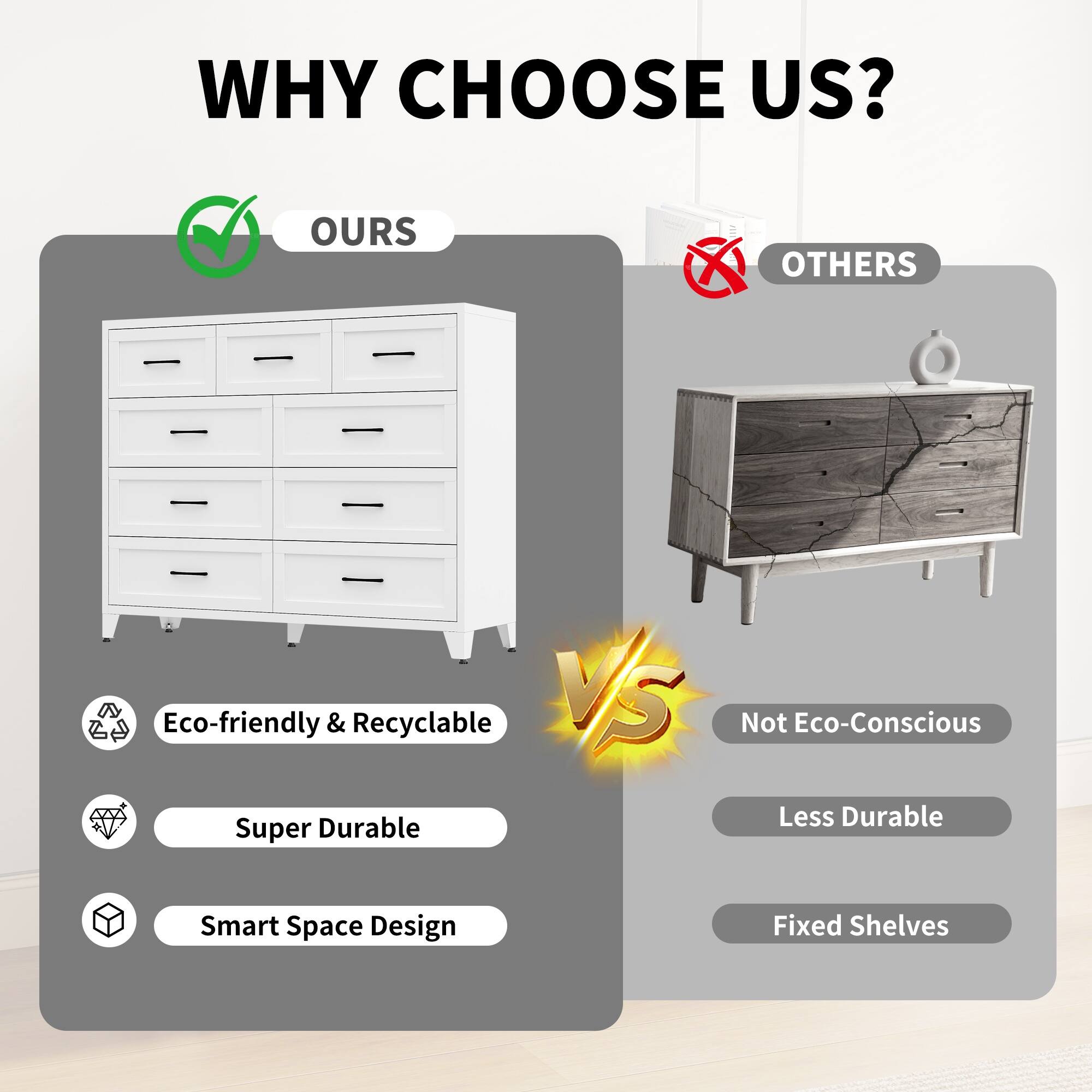 WHY CHOOSE US?

OURS
- Eco-friendly & Recyclable
- Super Durable
- Smart Space Design

VS

OTHERS
- Not Eco-Conscious
- Less Durable
- Fixed Shelves